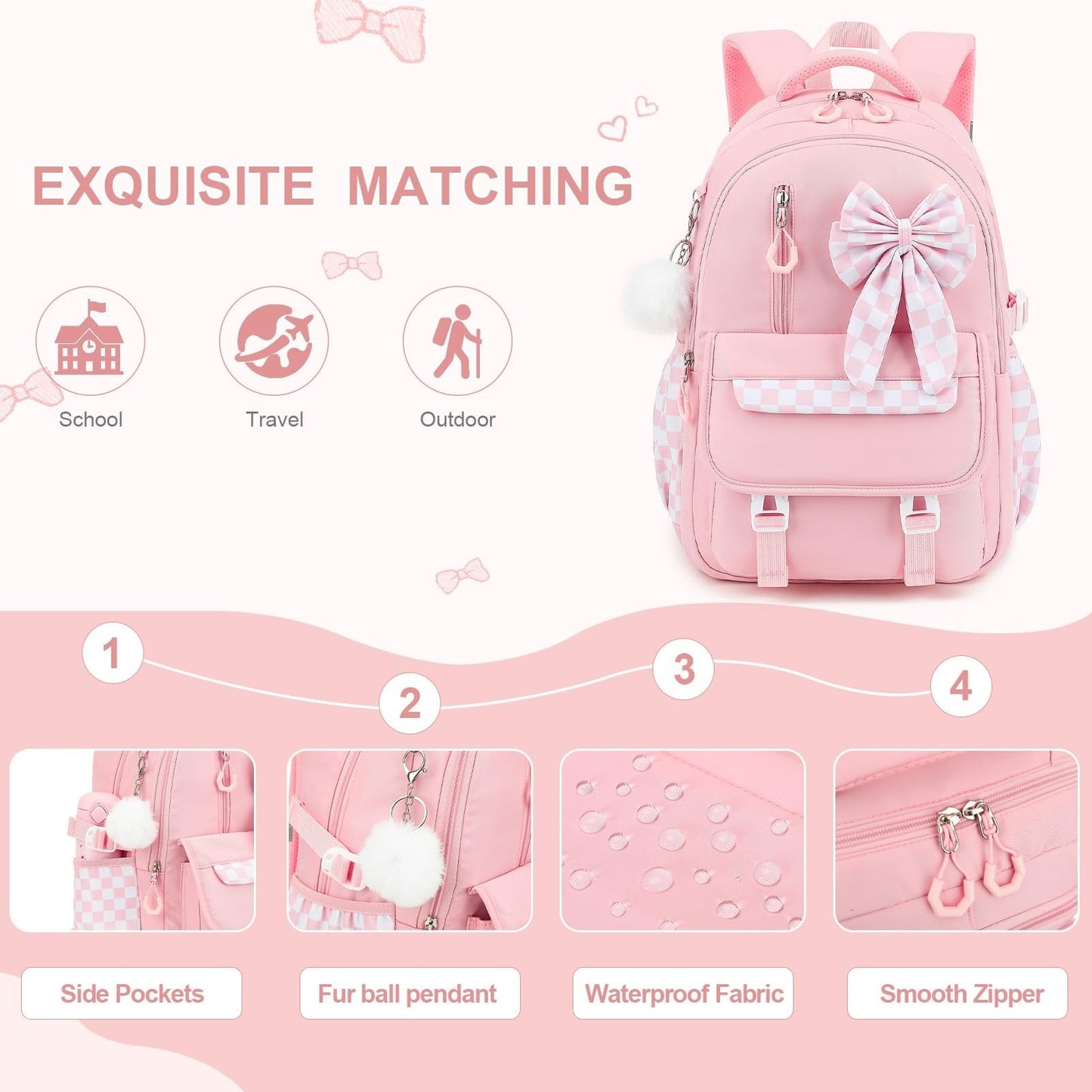 Girls Bow Backpack Set   3PCS with Lunch Bag & Pencil Case, Stylish School Bag4
