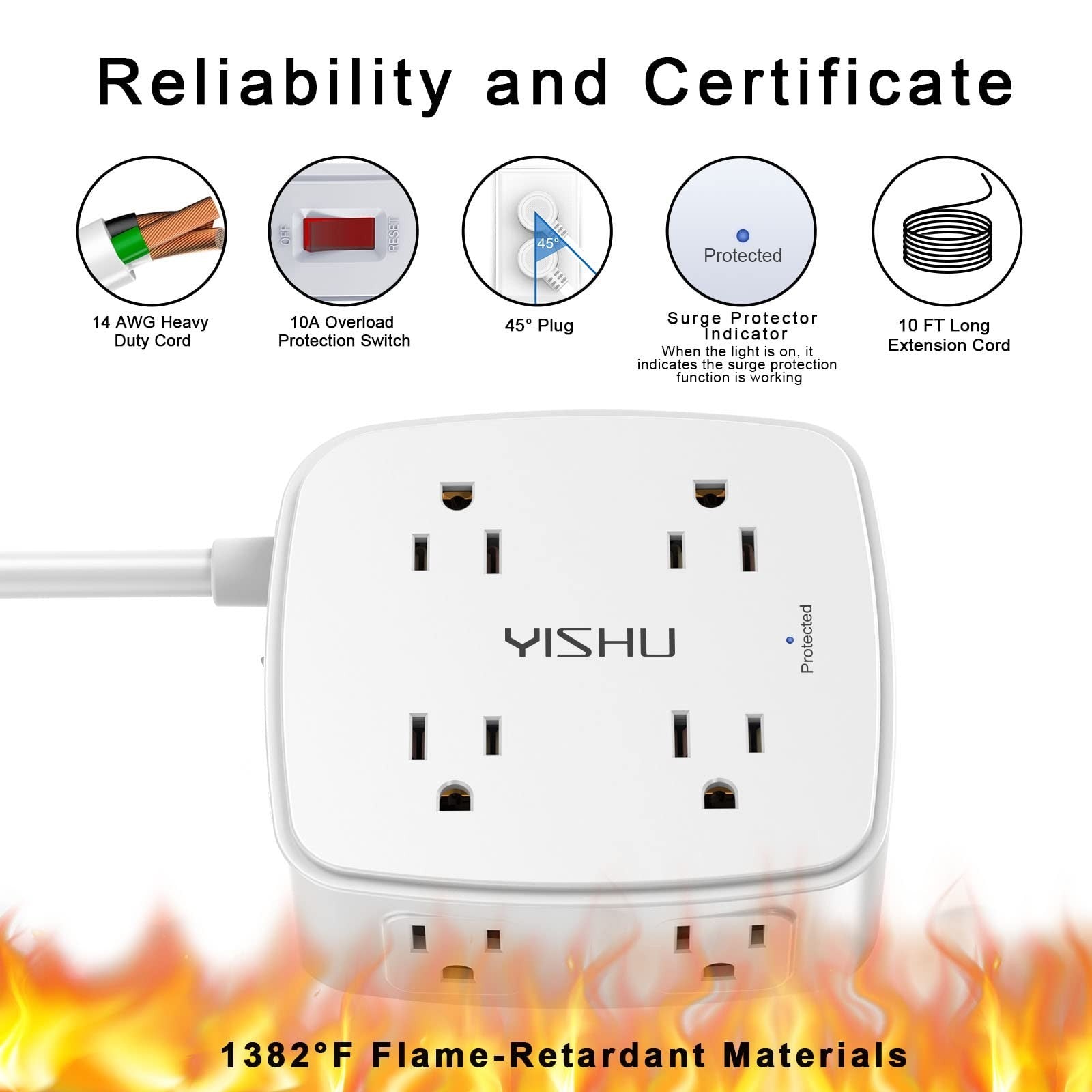 10ft Surge Protector Power Strip   8 AC Outlets & 4 USB Ports, Flat Plug, Wall M5