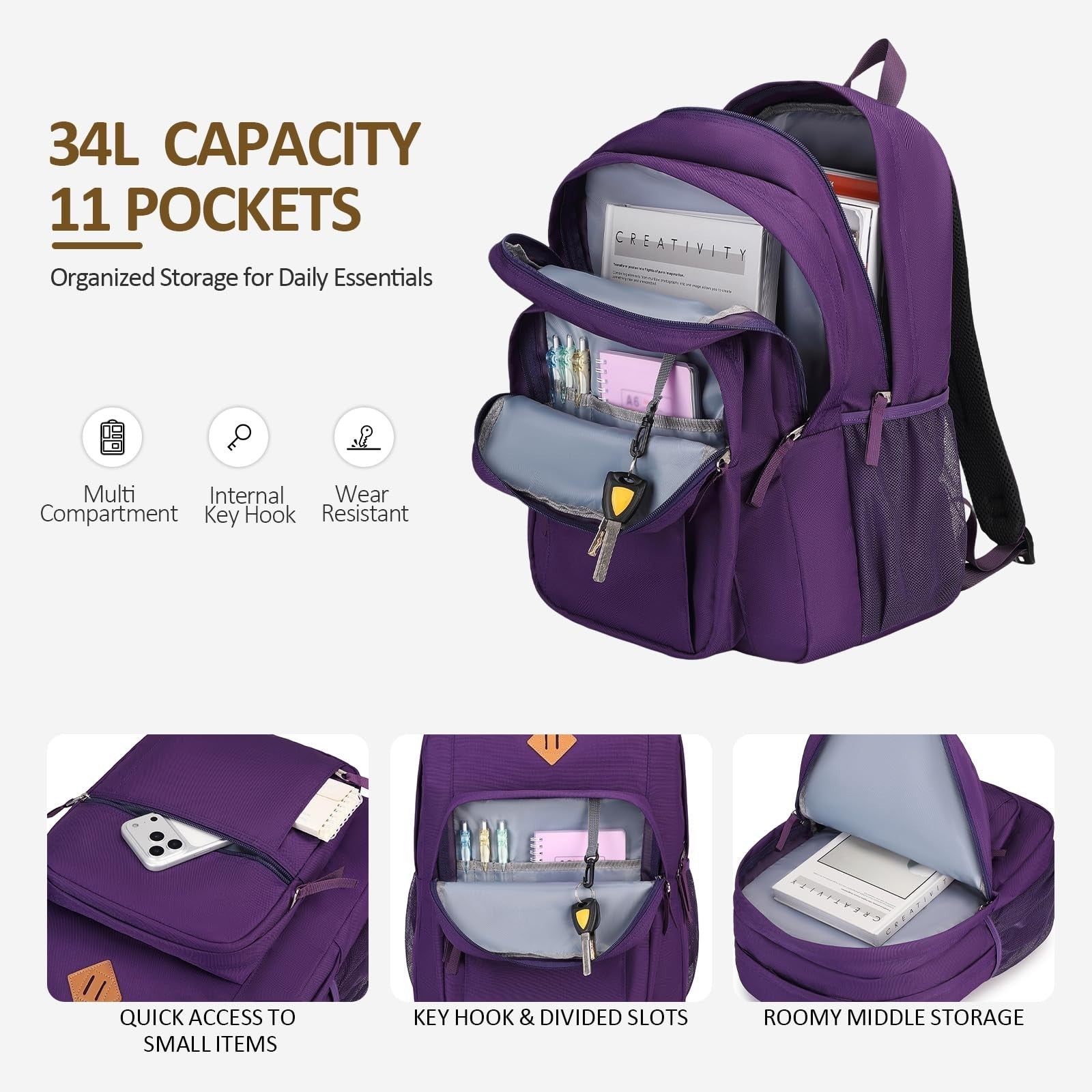 Large Water Resistant Girls Backpack   Solid Color School Bag for College Women3