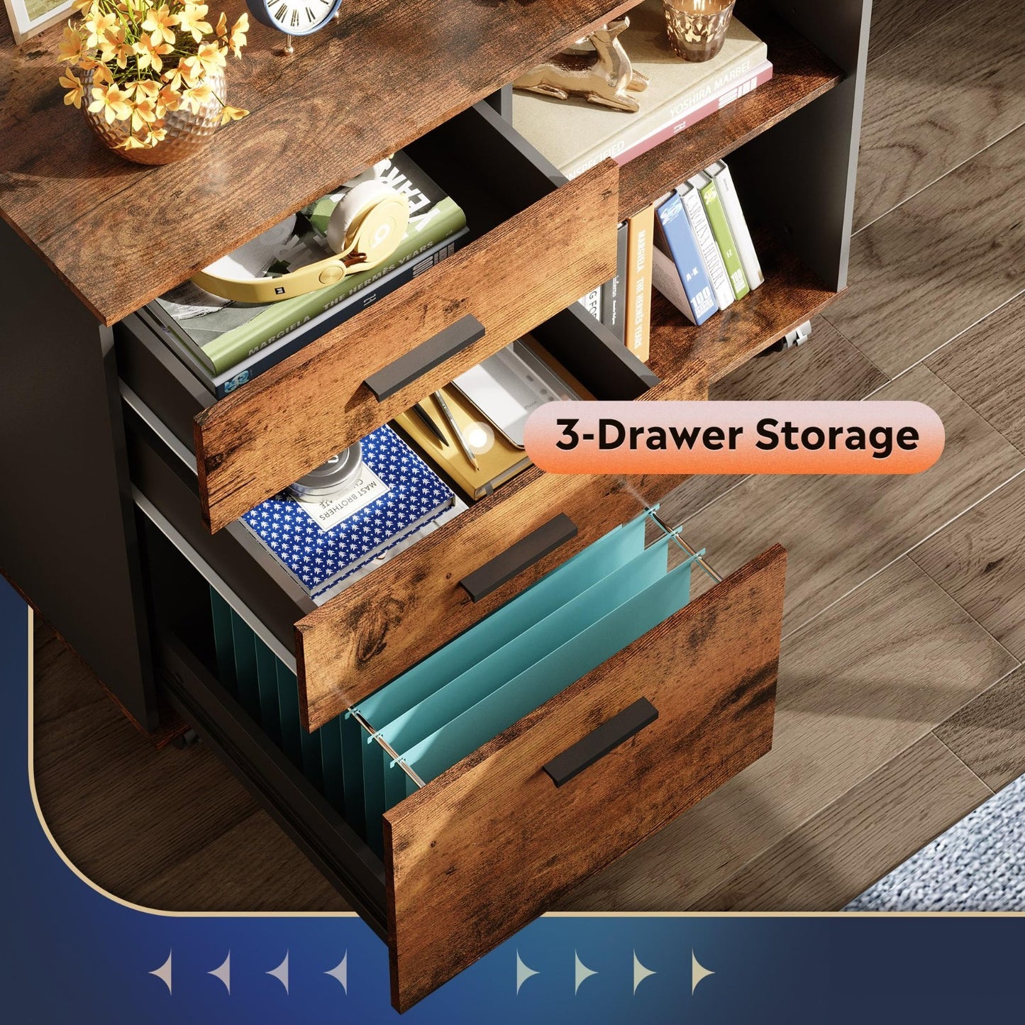 3 Drawer Mobile File Cabinet   Rustic Brown Lateral Filing, Rolling Printer Stan4