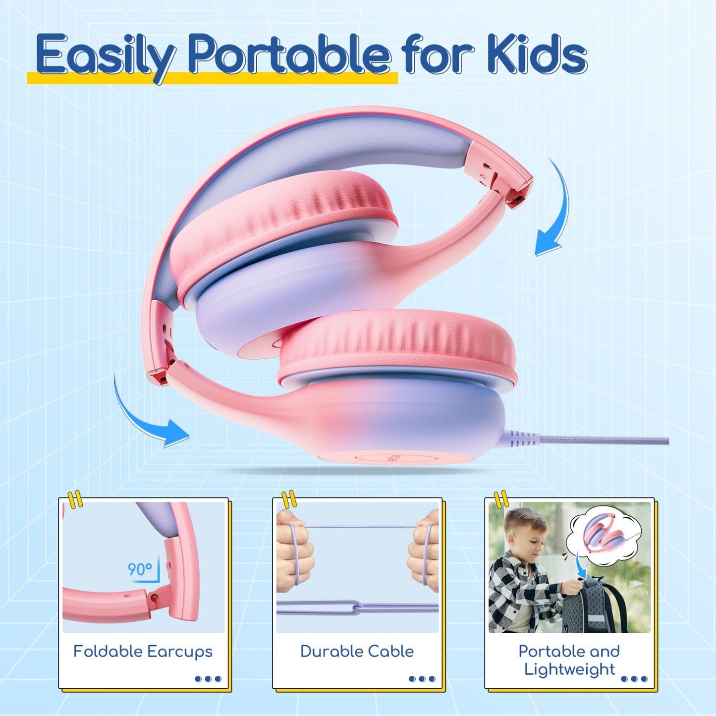 Wired Kids Headphones with Mic, USB Type C, Volume Limit 85/94dB, Foldable Stere7