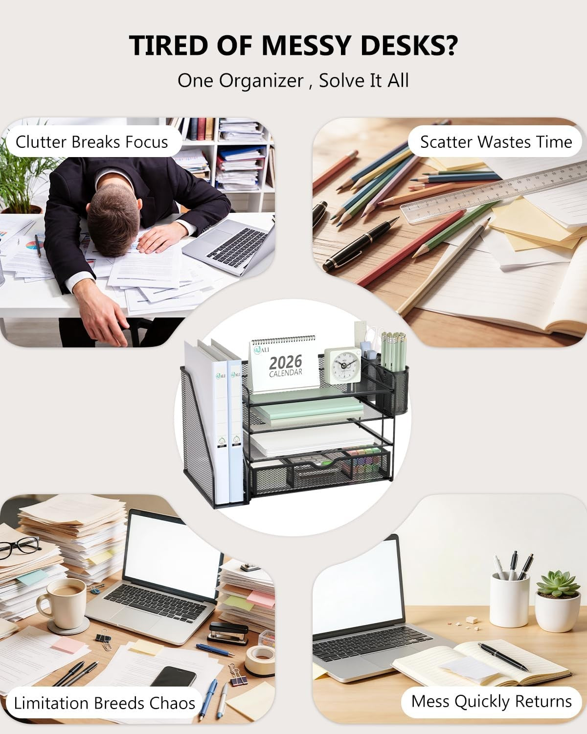 4 Tier Desktop File Organizer with Drawer & Pen Holders   Office Desk Accessorie3