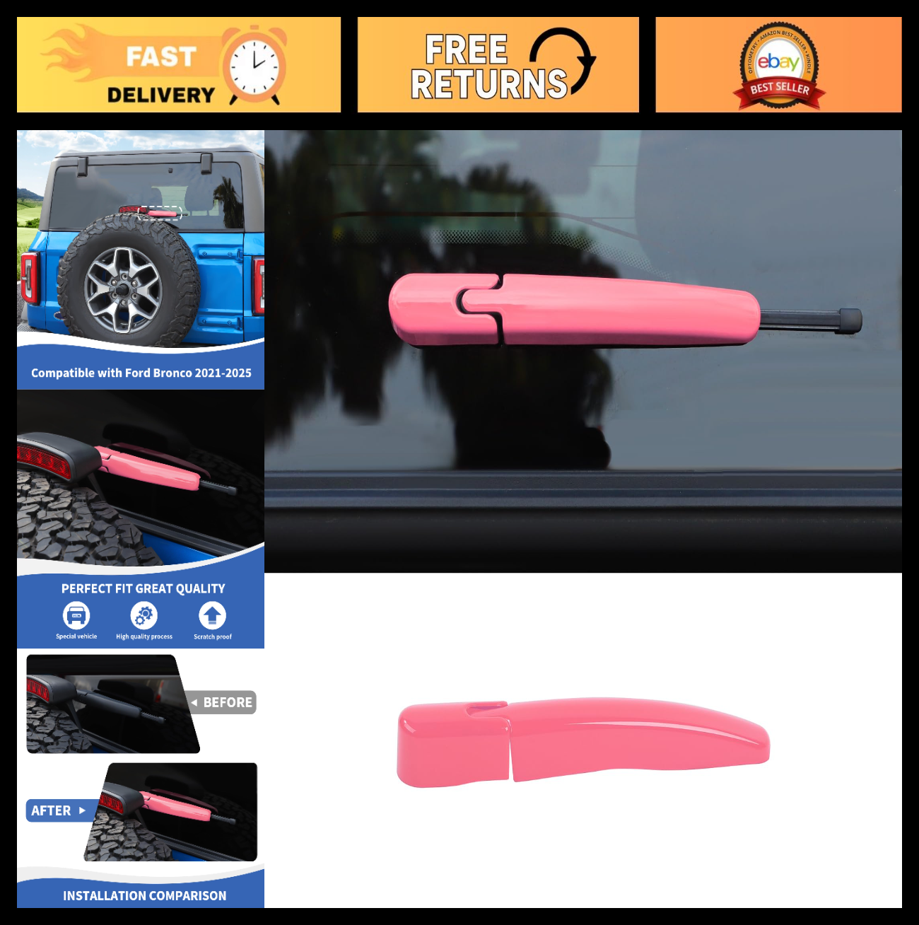Rear Window Wiper Arm Blade Cover Trim for Ford Bronco 2021-2025, Pink Accessory0