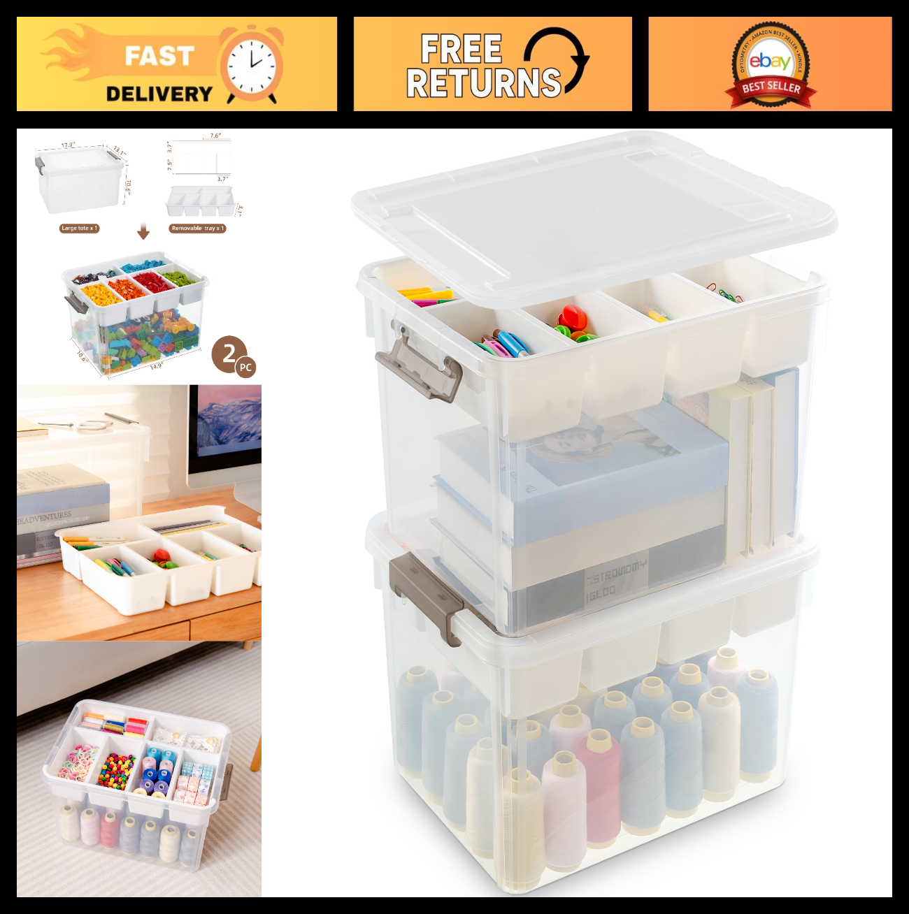 Clear Craft Organizers 32QT Storage Box with Tray   2 Pack, Ideal for Home & Off0