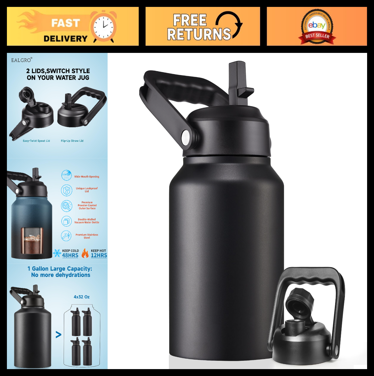 Optimized eBay Title:  "64 oz Insulated Water Bottle with Straw - Stainless Ste0