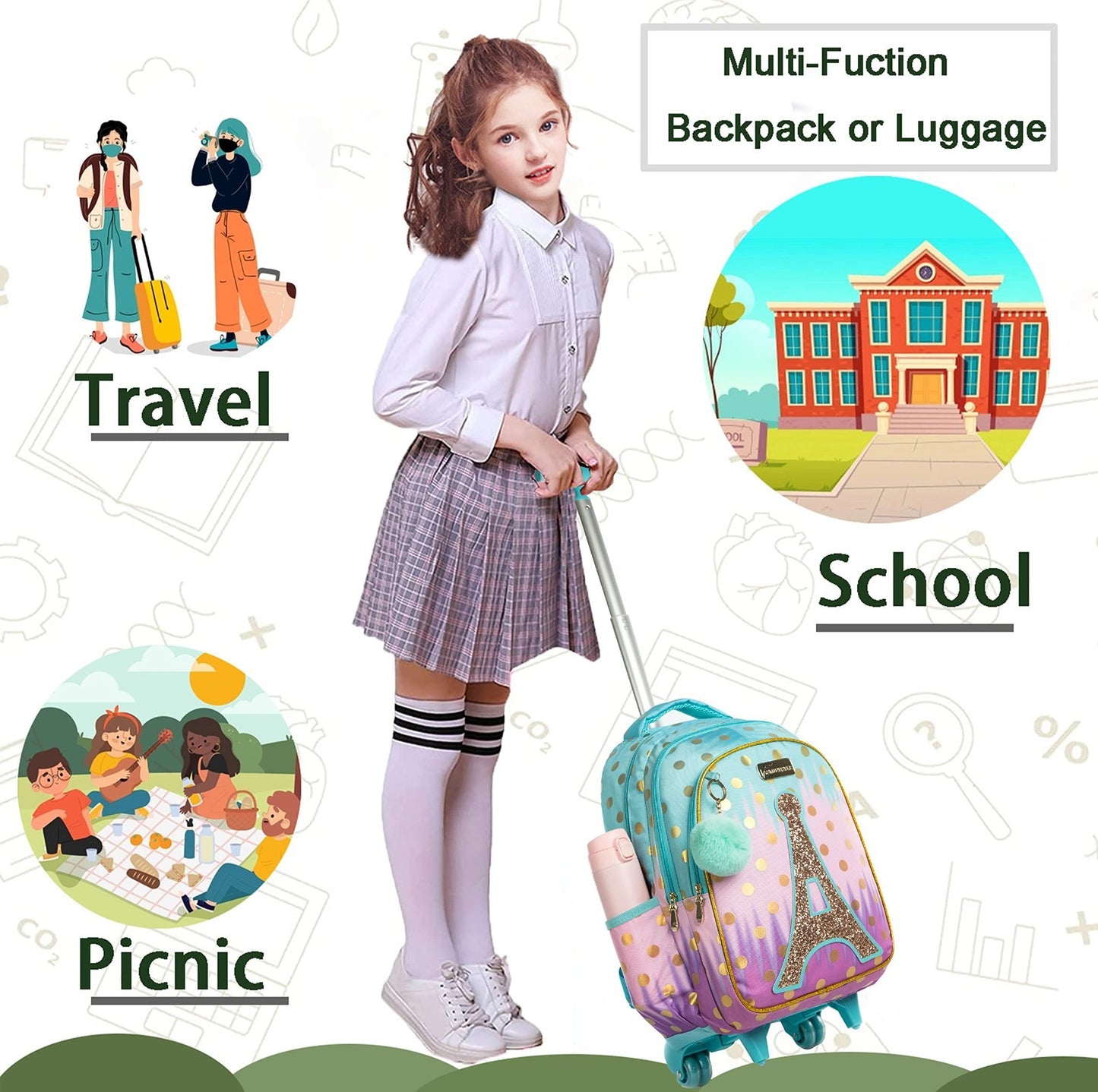 Rolling Backpack for Girls with Wheels   Trolley Luggage & Lunch Box for School5