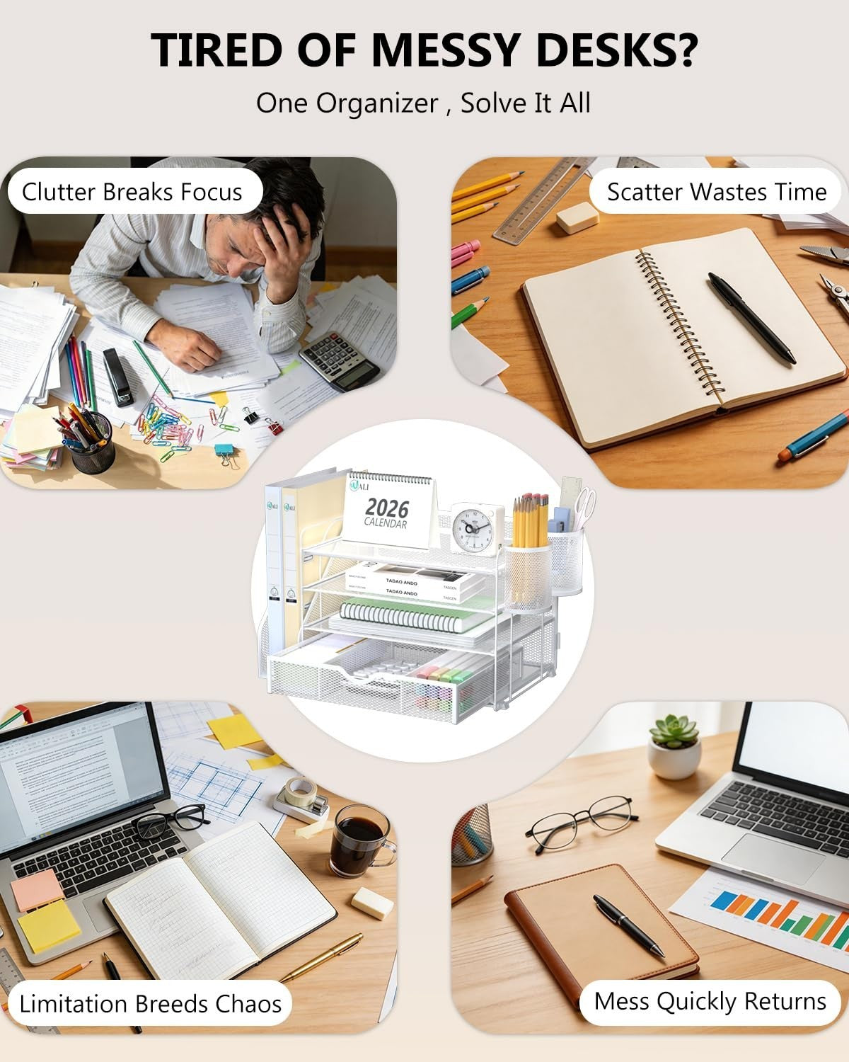 4 Tier Desktop File Organizer with Drawer & 2 Pen Holders   Office Desk Accessor3