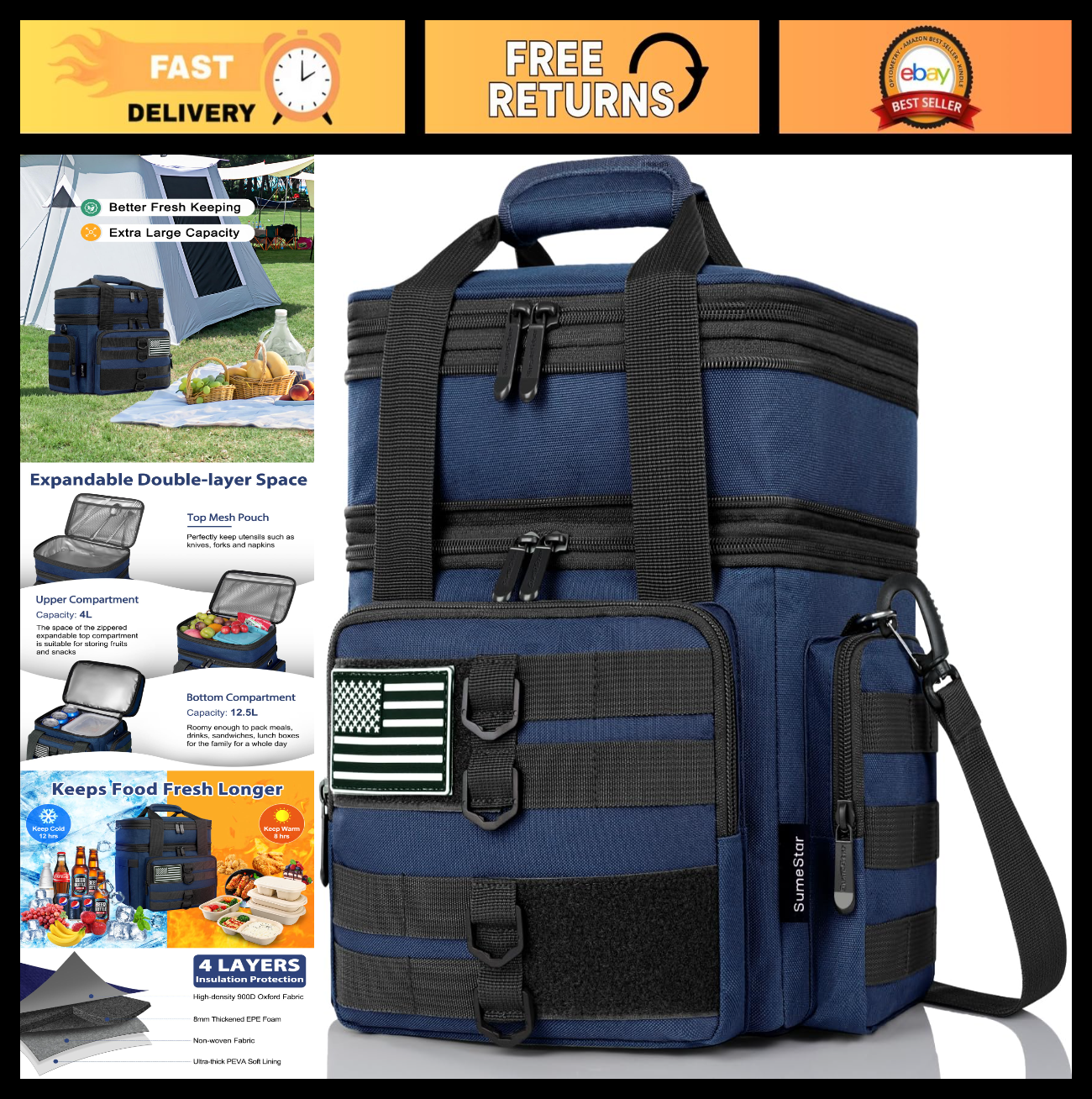 Tactical Insulated Lunch Bag - Large Expandable Cooler for Work, Camping, Leakpr0