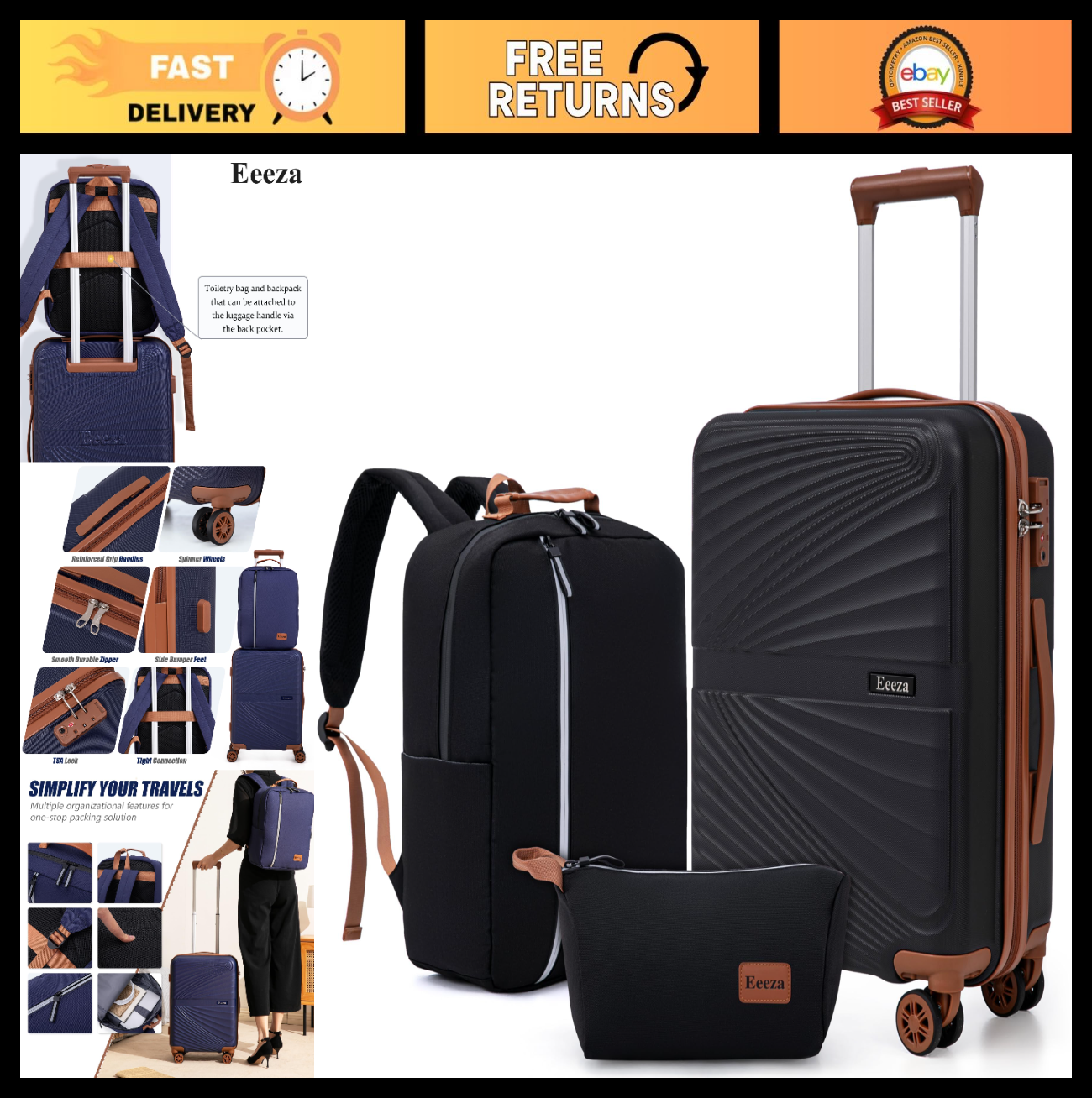 3-Piece Carry-On Luggage Set, Lightweight ABS Hardshell, 360° Spinner Wheels, TS0