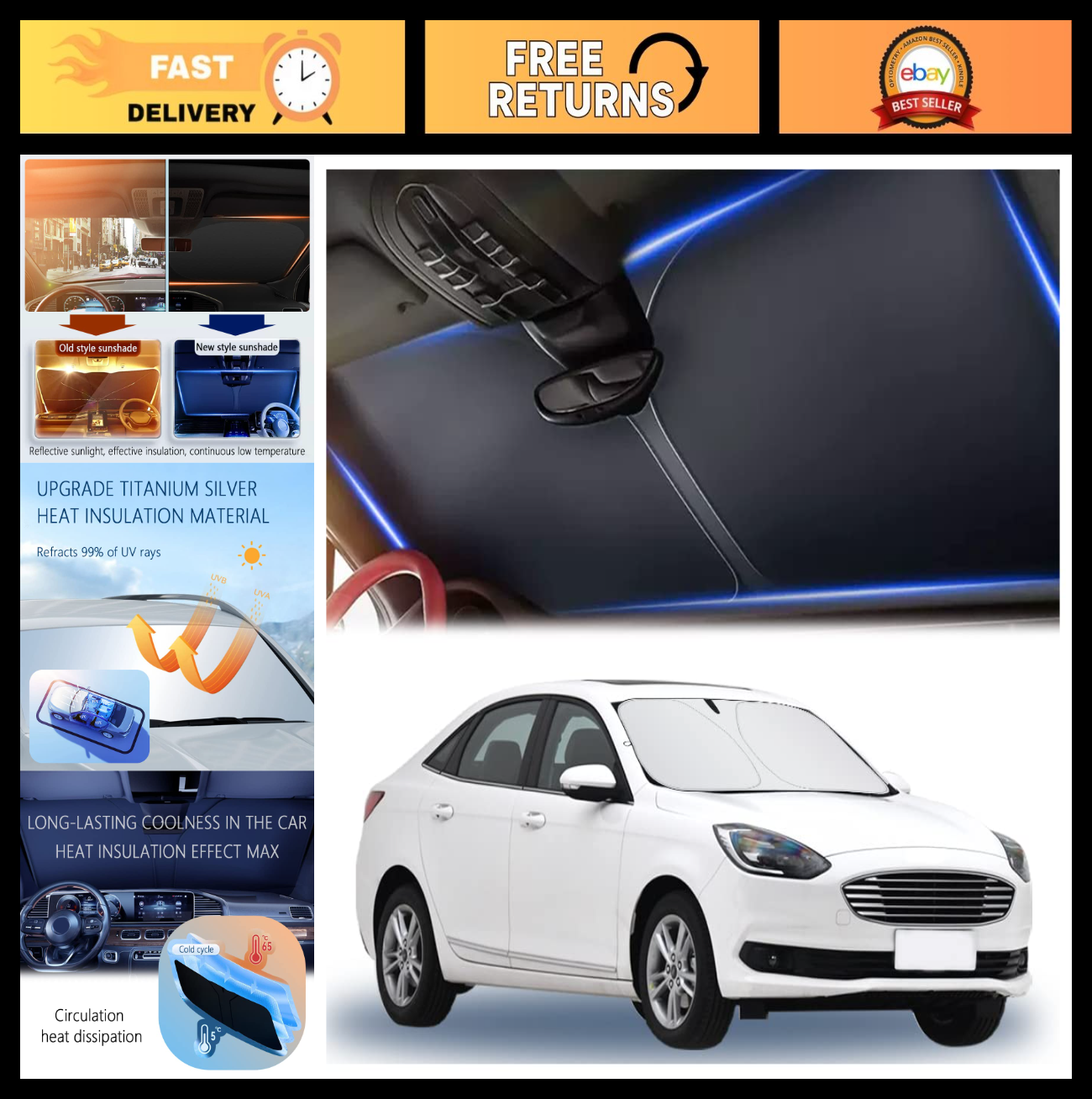Thickened Automotive Glass Sunshade with Storage Bag - Keeps Car Cool, Fits Smal0