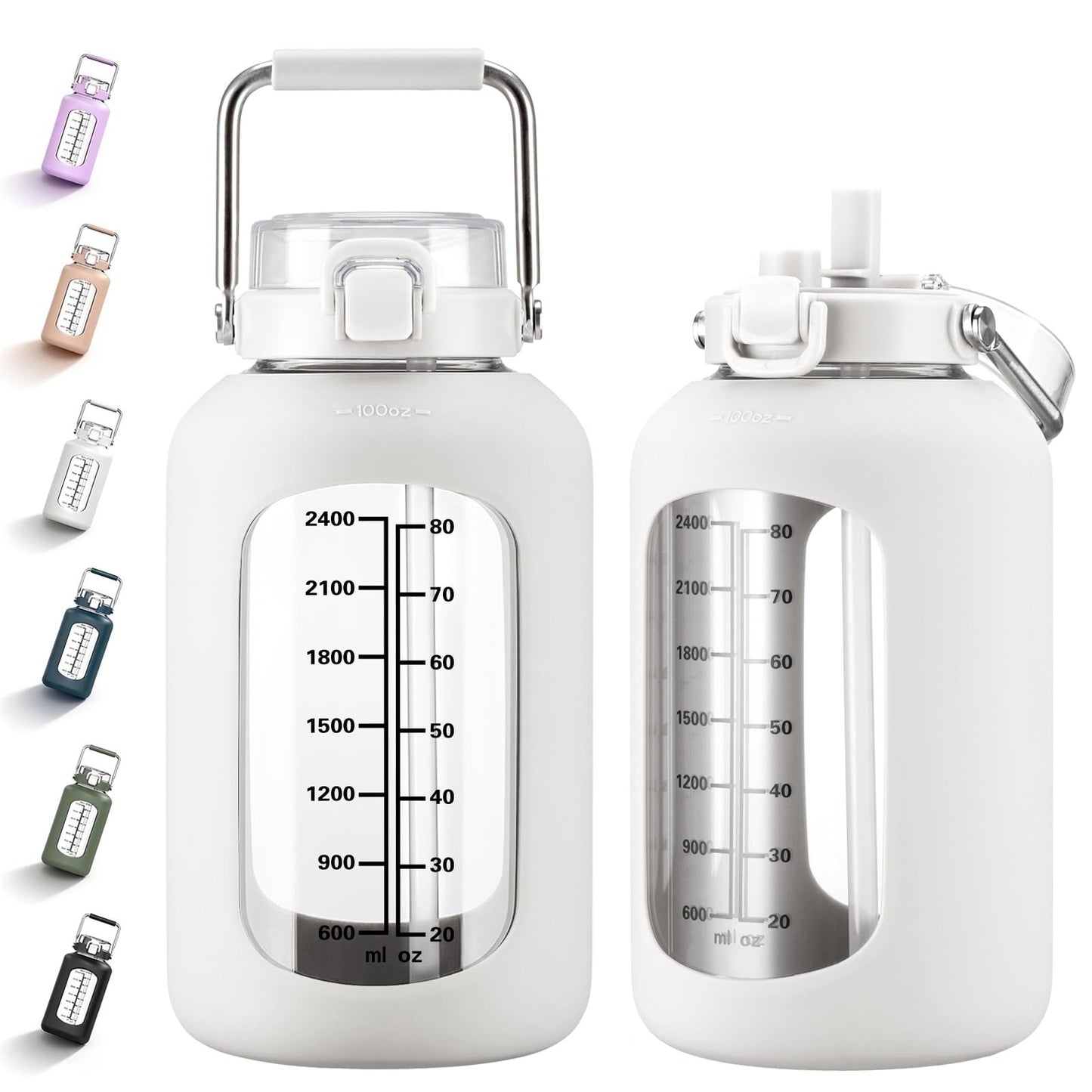 100oz BPA-Free Glass Water Bottle with Time Marker & Silicone Sleeve, 3L Jug0