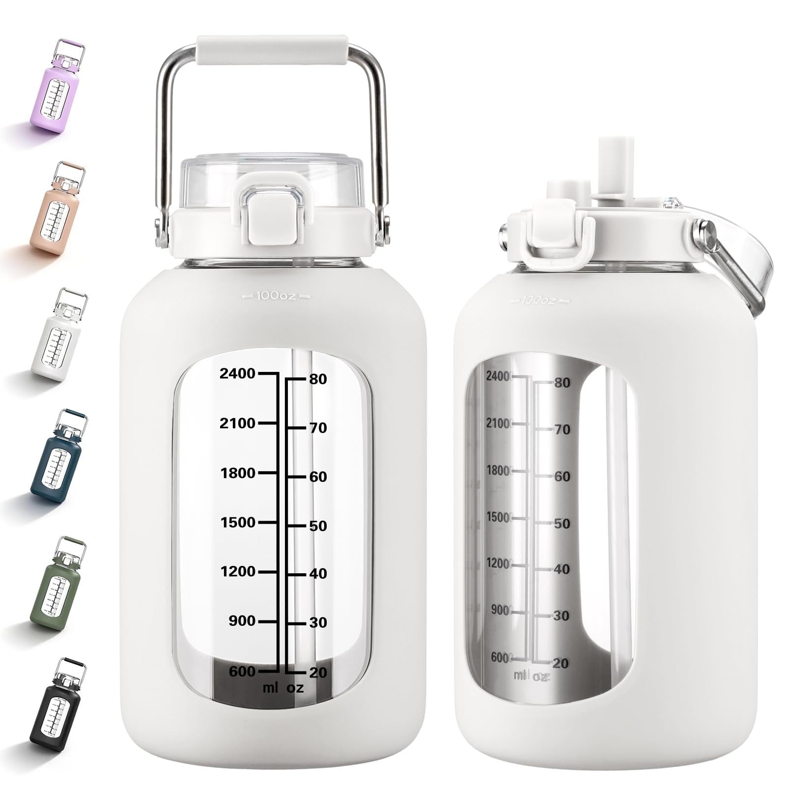 100oz BPA-Free Glass Water Bottle with Time Marker & Silicone Sleeve, 3L Jug0