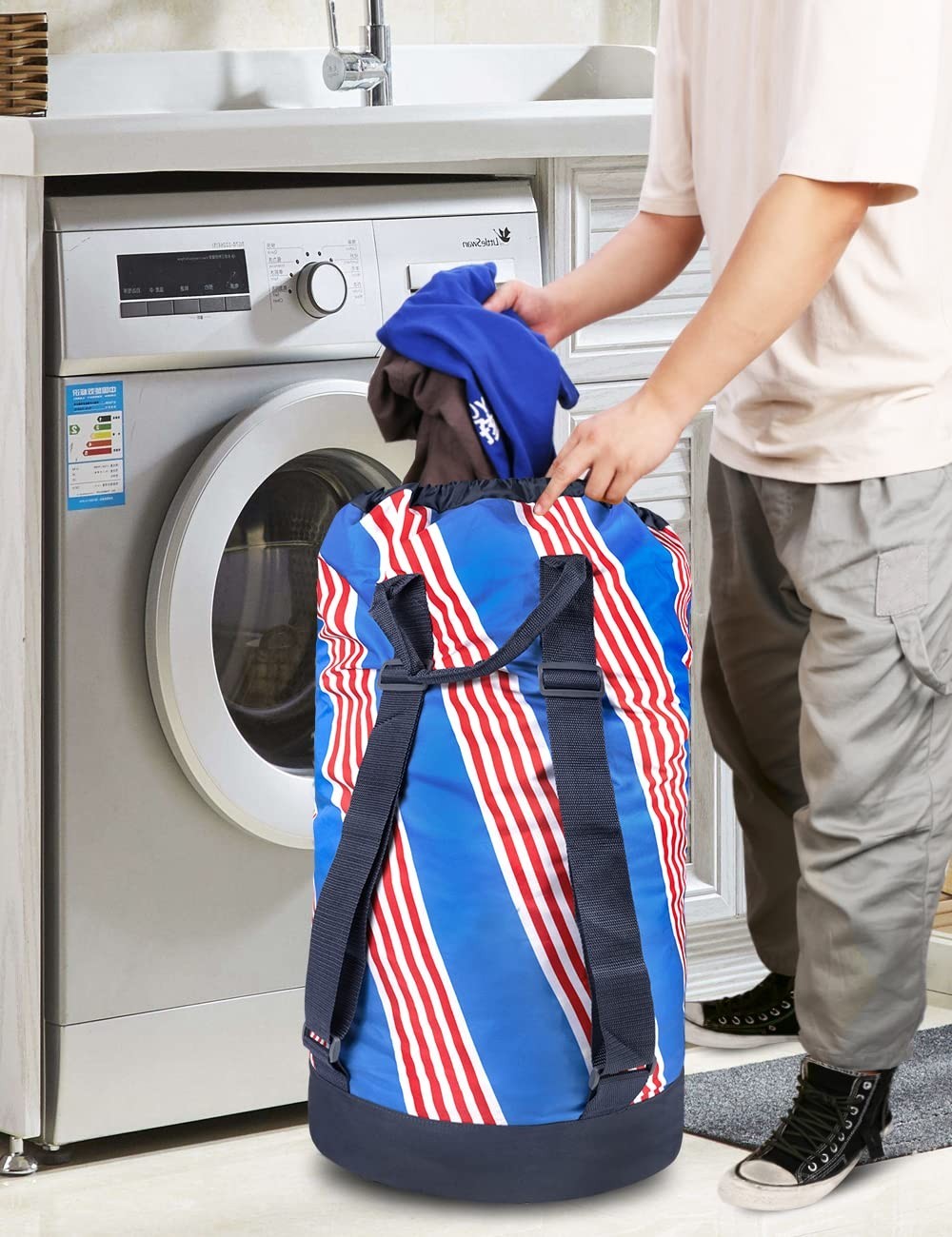 Durable Nylon Backpack Laundry Bag with Shoulder Straps & Mesh Pocket - Ideal fo6