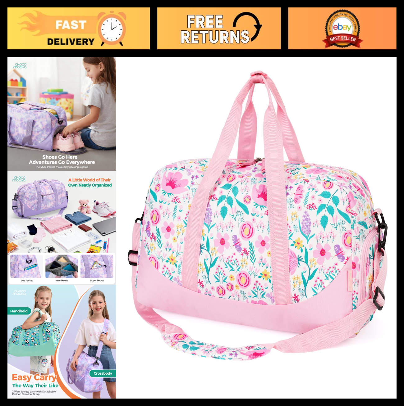 Girls Floral Duffle Bag for Kids - Large Overnight Travel Bag with Shoe Compartm0