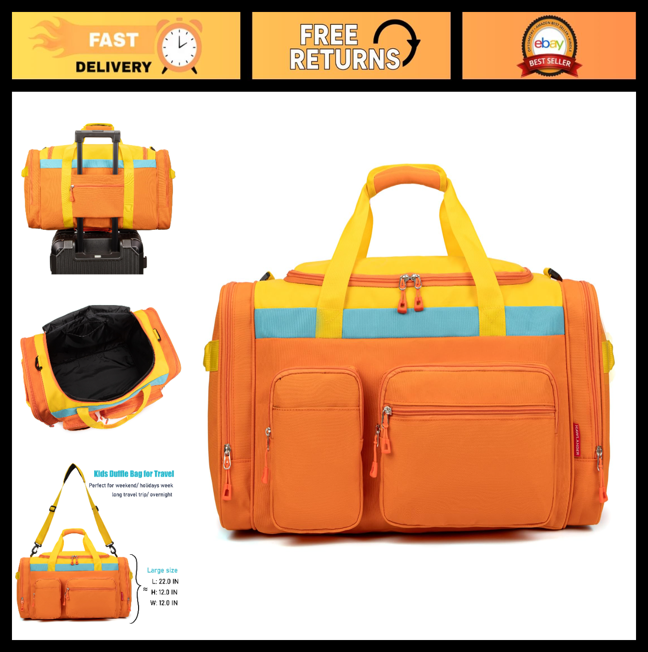 Spacious Kids Duffle Bag for Travel & Weekend Getaways, Orange, 22"x12"x12", Dur0
