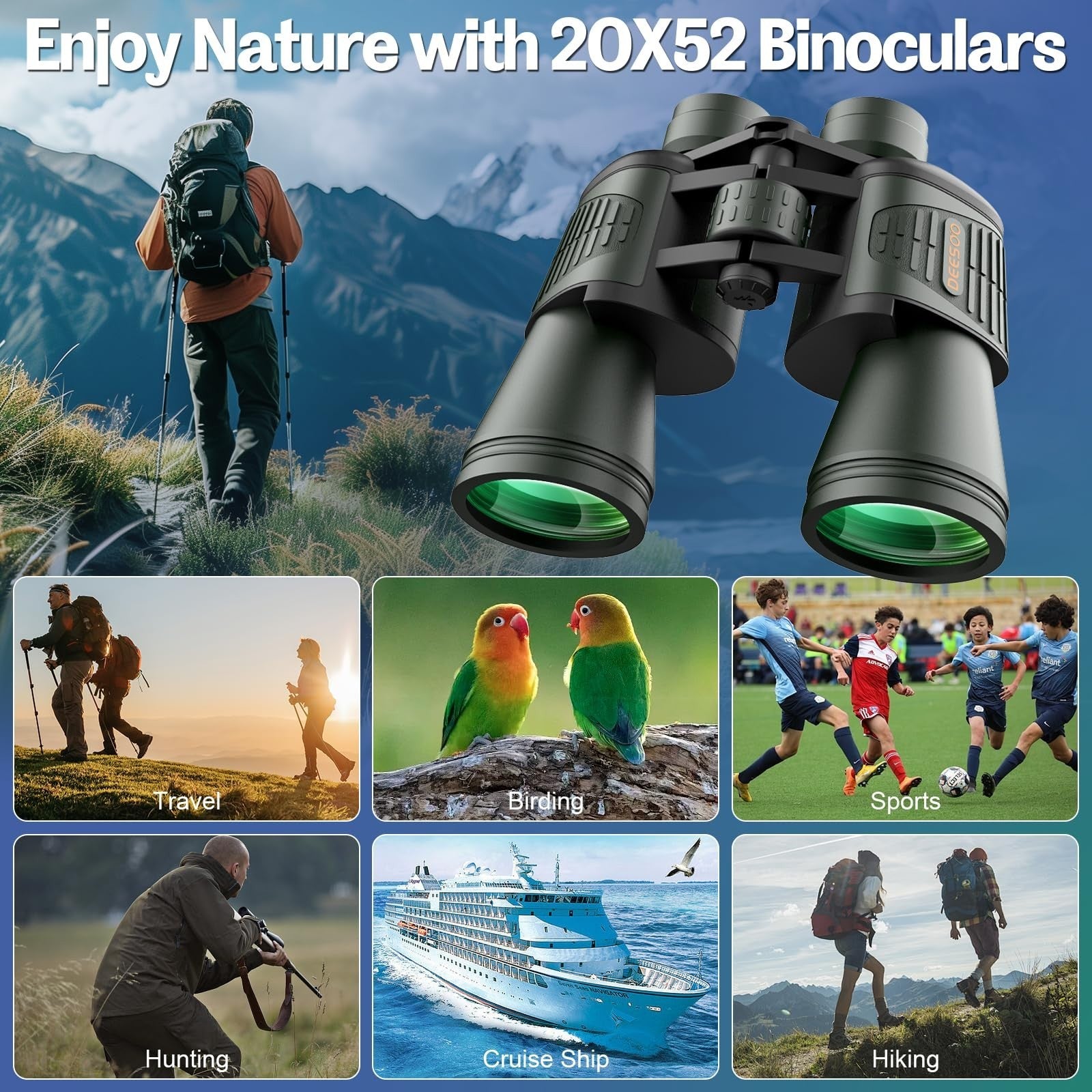 High-Powered 20x52 Binoculars - HD Large View, Low Light Vision for Hunting, Bir5