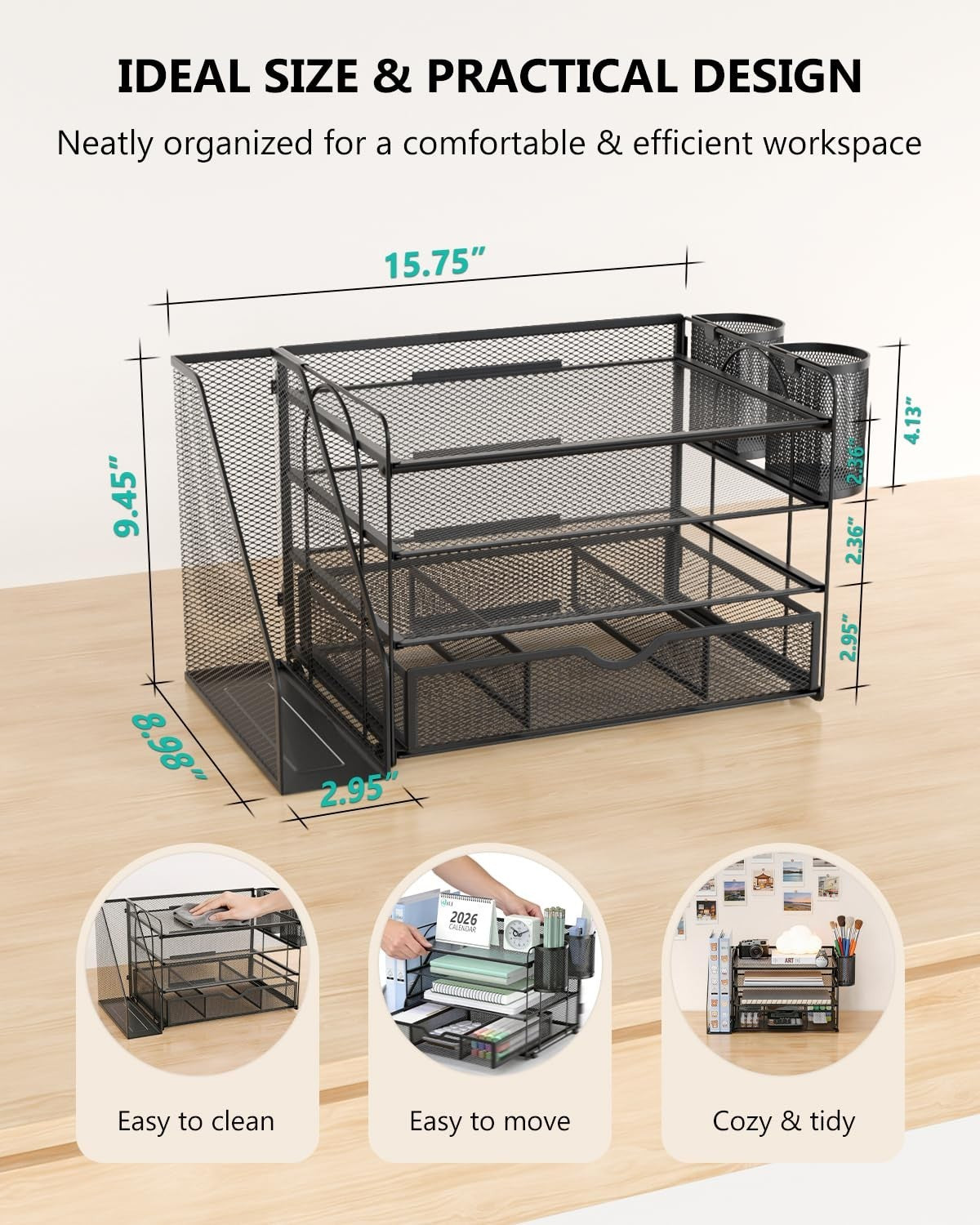 4 Tier Desktop File Organizer with Drawer & Pen Holders   Office Desk Accessorie2
