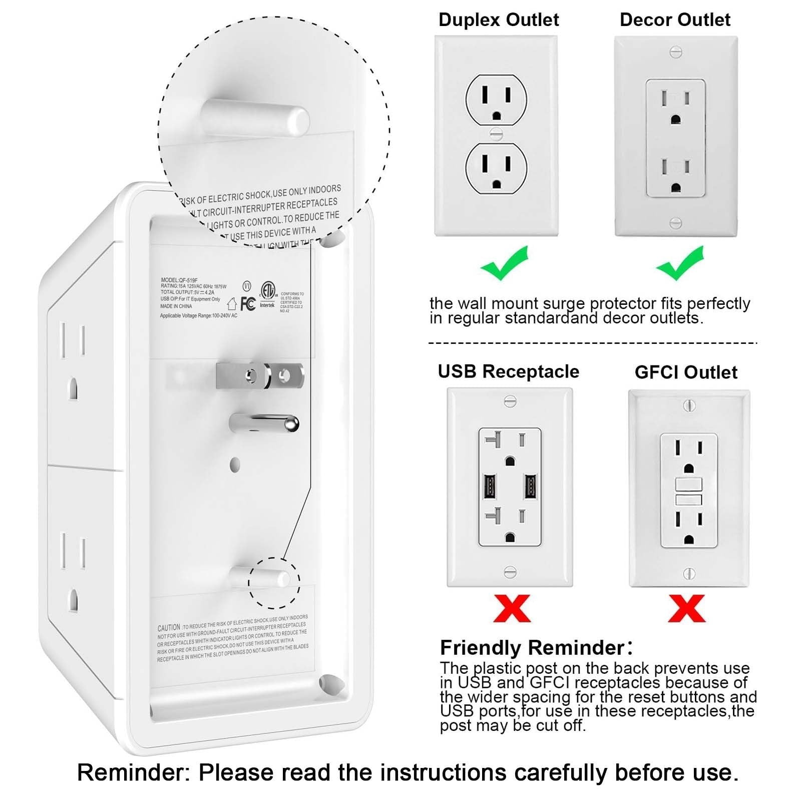 5-Outlet Wall Extender with 4 USB Ports & Surge Protection - Power Strip for Hom5
