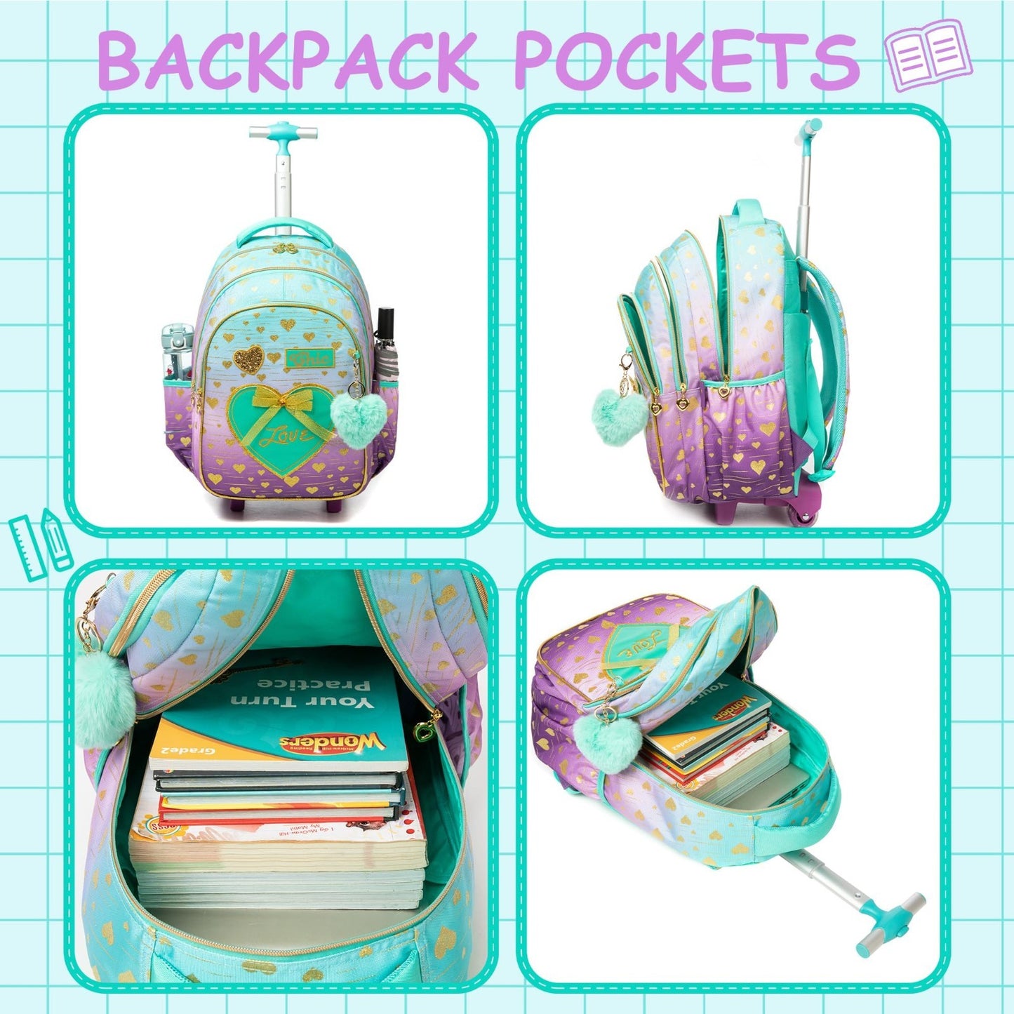 Rolling Backpack for Girls   Wheeled Kids Backpack with Lunch Box, 3 in 1 Travel3
