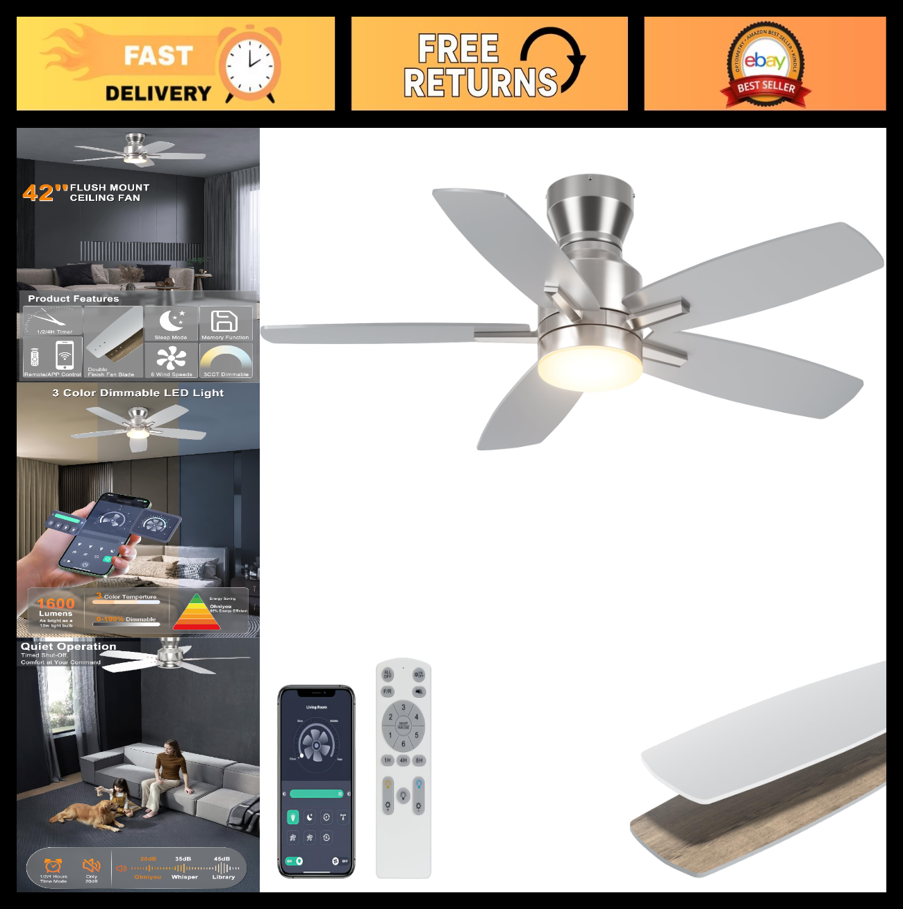 42'' Silver Low Profile Ceiling Fan with Lights, Remote/APP Control, Dimmable LE0