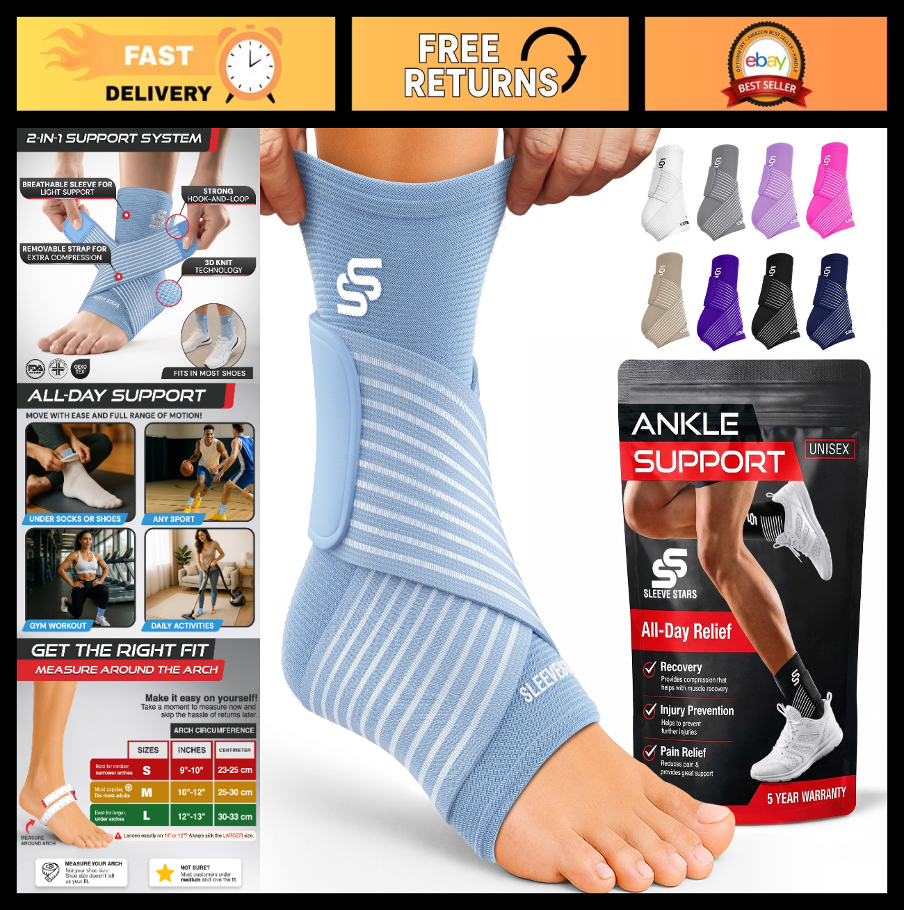 Ankle Brace Compression Sleeve for Sprains & Plantar Fasciitis Relief   Adjustab0
