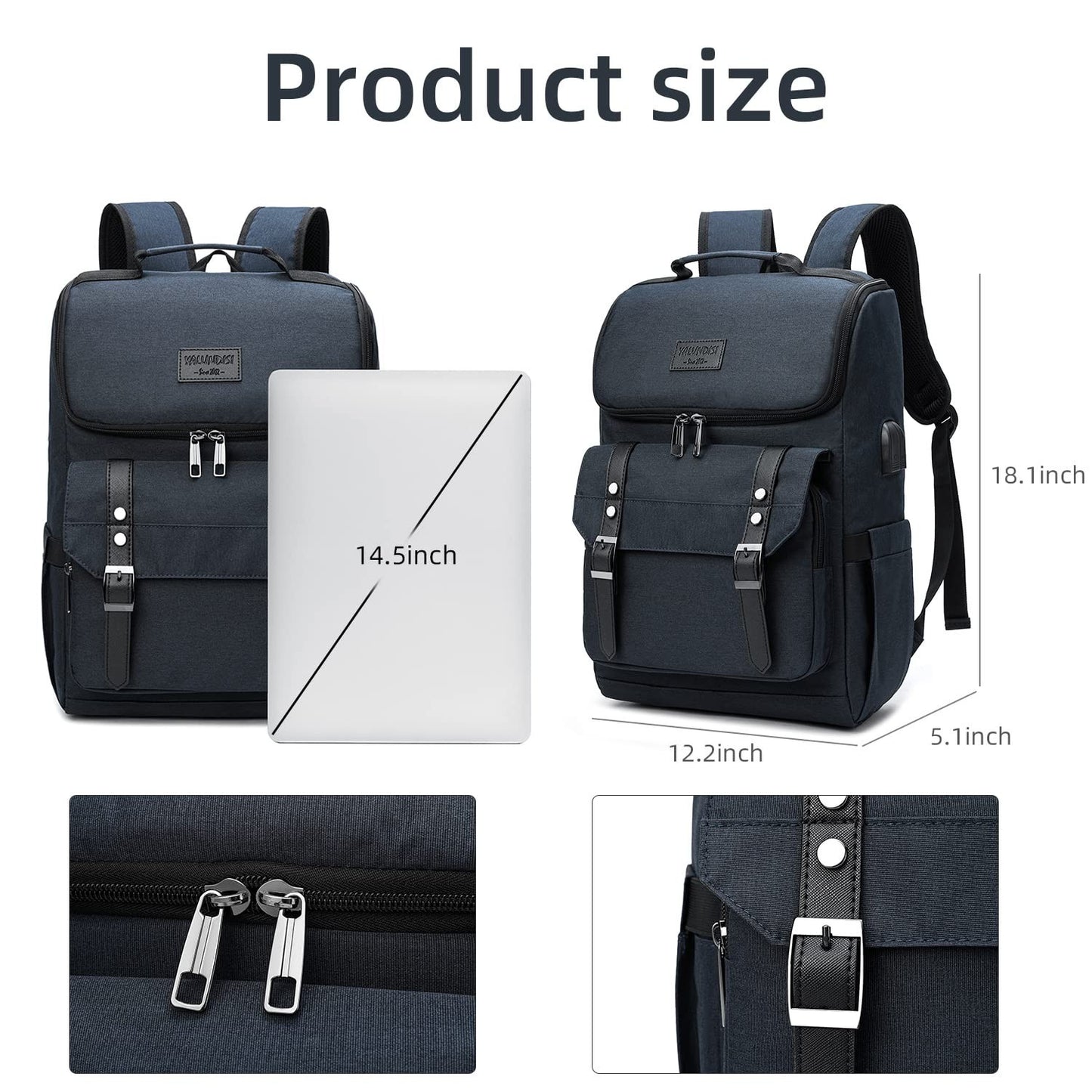 Vintage Travel Laptop Backpack with USB Charging Port - Fits 15.6" Laptop, Blue3