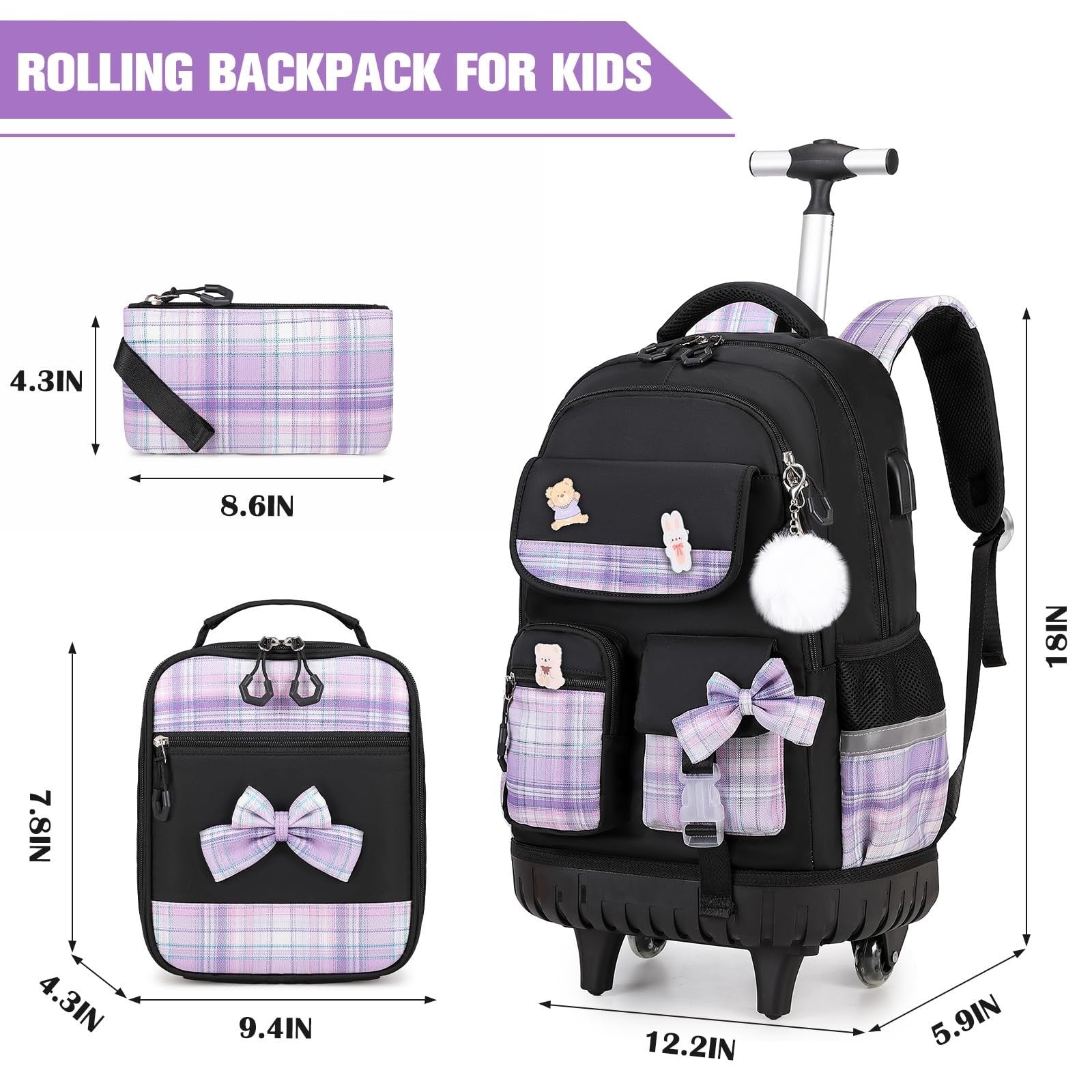Rolling Backpack for Girls   Wheeled School Bag with Lunch Bag & Pencil Pouch, B2