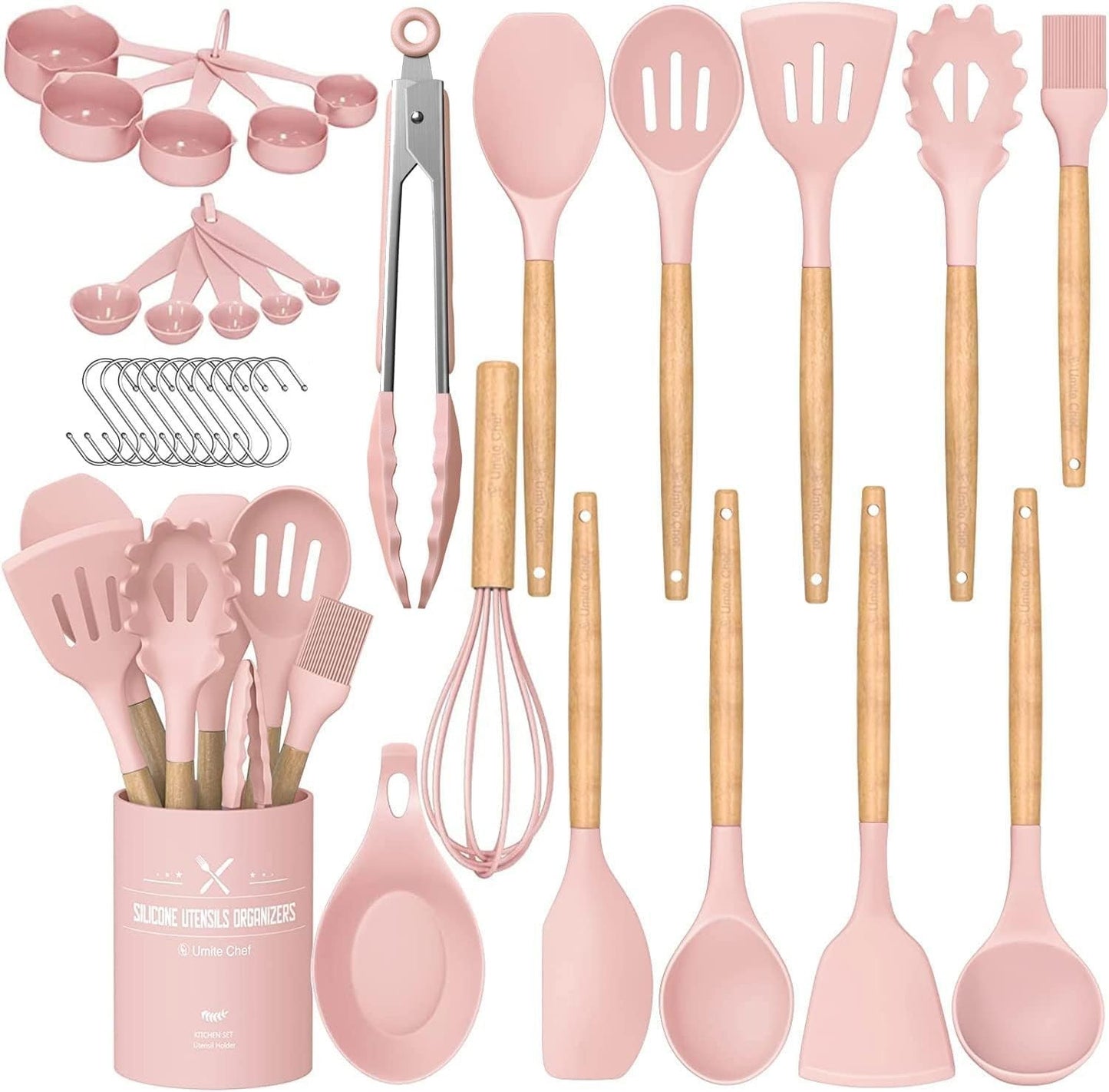 33 Piece Silicone Kitchen Utensils Set with Stand, Non Stick, Wooden Handle, Pin1