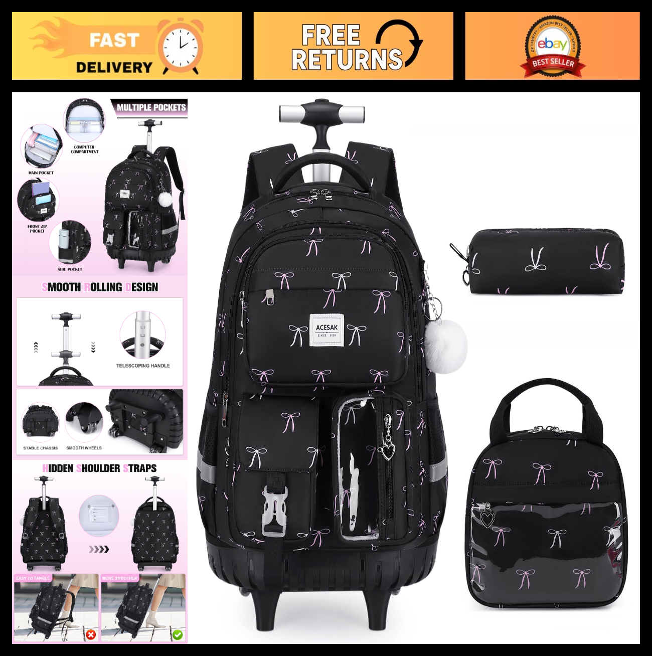 Rolling Backpack for Girls with Lunch Bag & Pencil Pouch   Wheeled Bookbag for S0