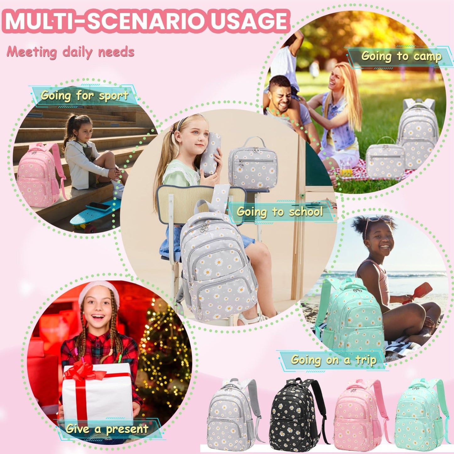 Daisy Print Backpack Set for Girls   3pcs Bookbag with Lunch Box for School5