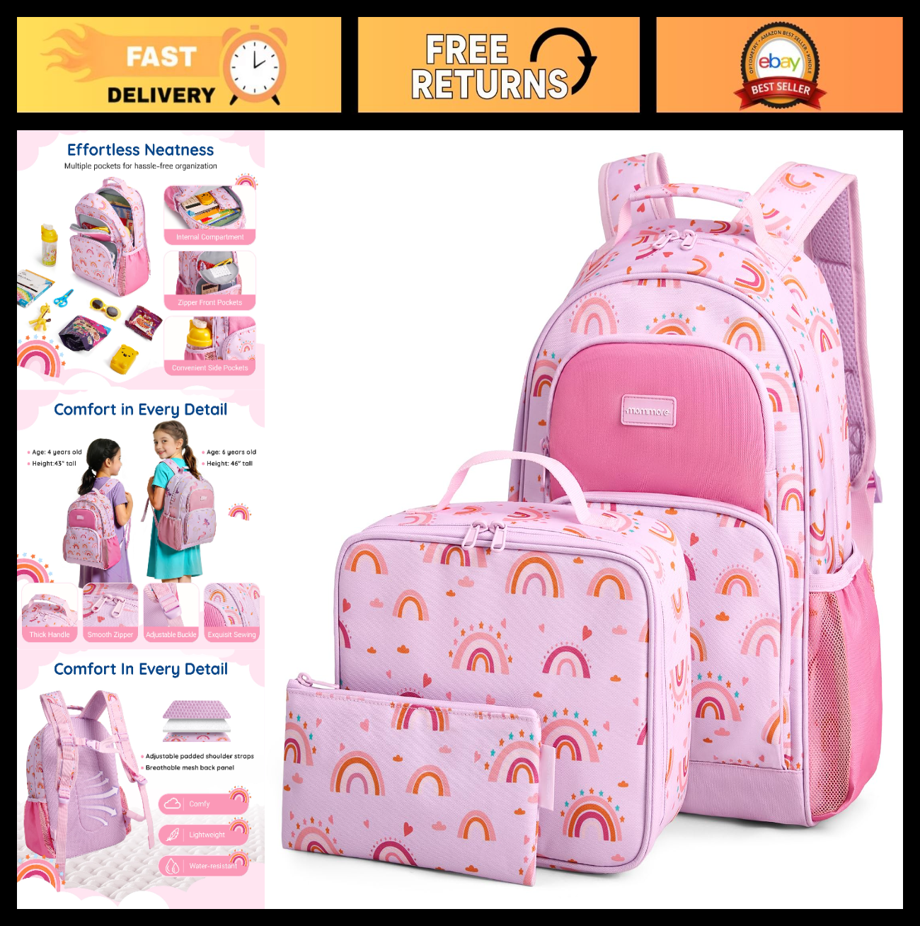 Kids Backpack Set for Kindergarten & Preschool - 3 PCS with Lunch Box & Pencil C0