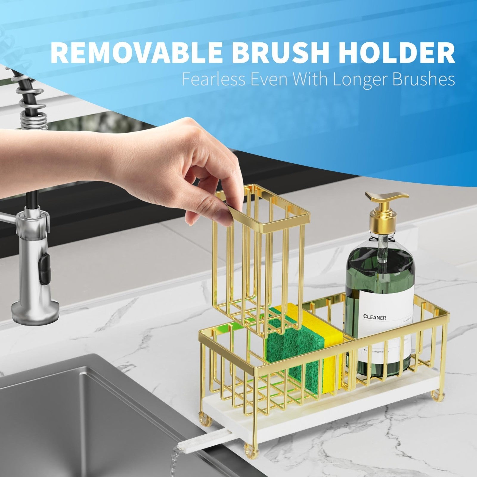 Kitchen Sink Sponge Holder Caddy Organizer, Rustproof 304 Stainless Steel, Gold,4