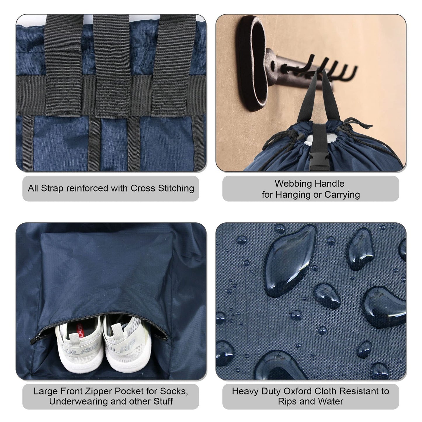 Navy Blue Travel Laundry Bag with Drawstring & Handle - Washable Hamper Sack for4