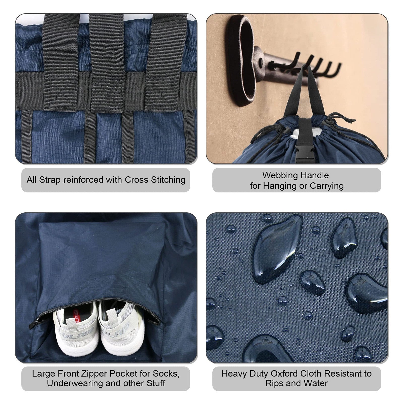 Navy Blue Travel Laundry Bag with Drawstring & Handle - Washable Hamper Sack for4