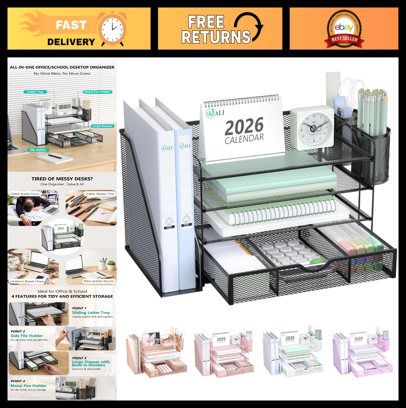 4 Tier Desktop File Organizer with Drawer & Pen Holders   Office Desk Accessorie0
