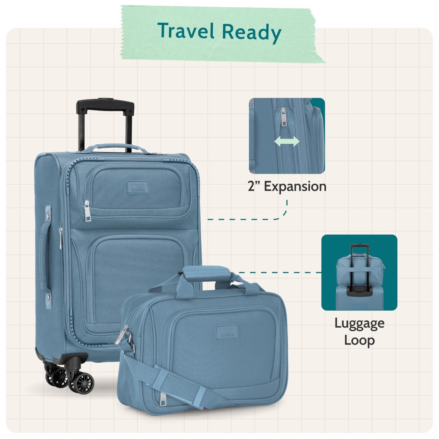Lightweight Softside Rolling Carry-On Suitcase, 4-Wheel Travel Luggage, Light Bl4