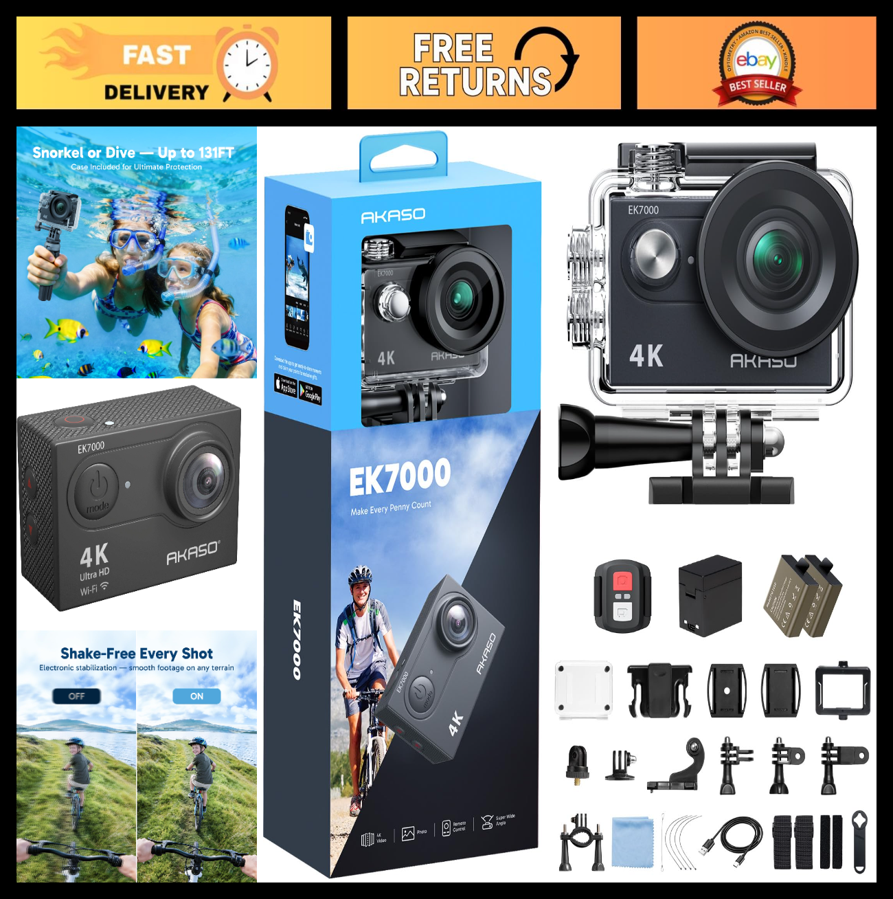 4K Action Camera 20MP WiFi EIS Ultra HD Waterproof 131FT Remote Control 4X Zoom0