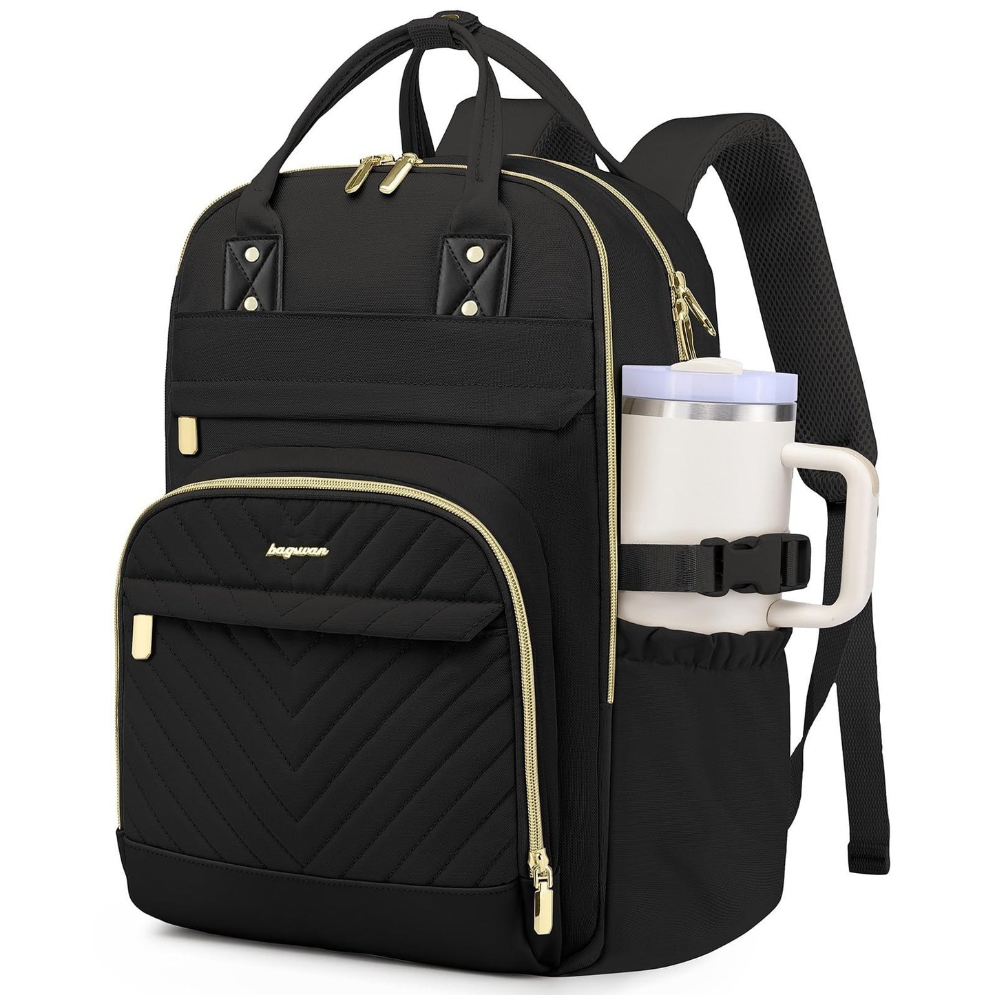 Stylish Laptop Backpack for Women   15.6" College Bookbag with Large Tumbler Poc1