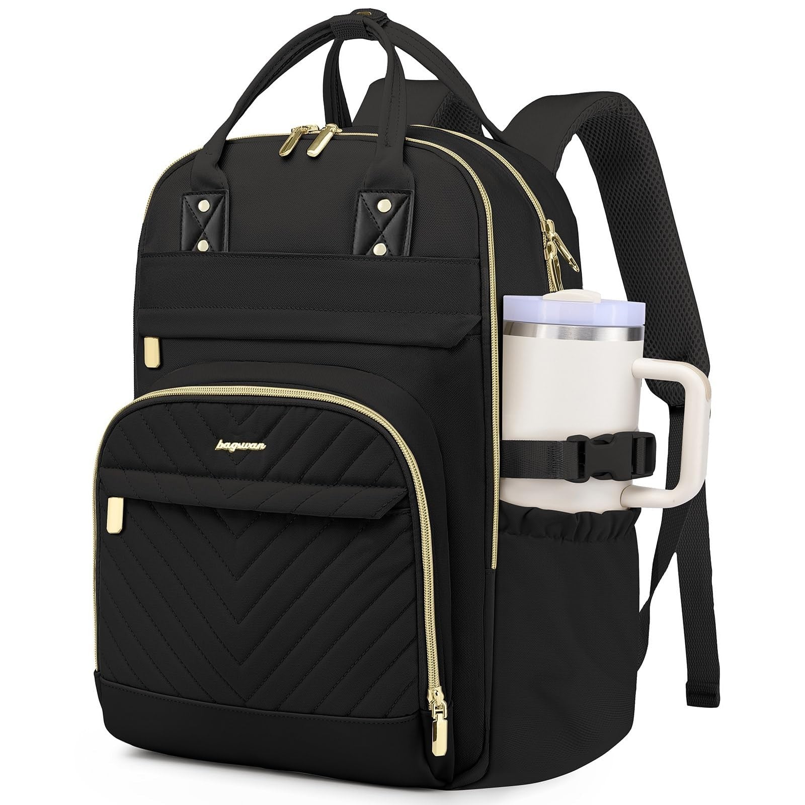 Stylish Laptop Backpack for Women   15.6" College Bookbag with Large Tumbler Poc1