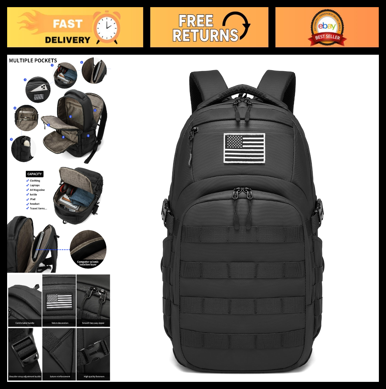 Tactical Military Backpack for Men   Small Black Assault Bag, Outdoor Gear0