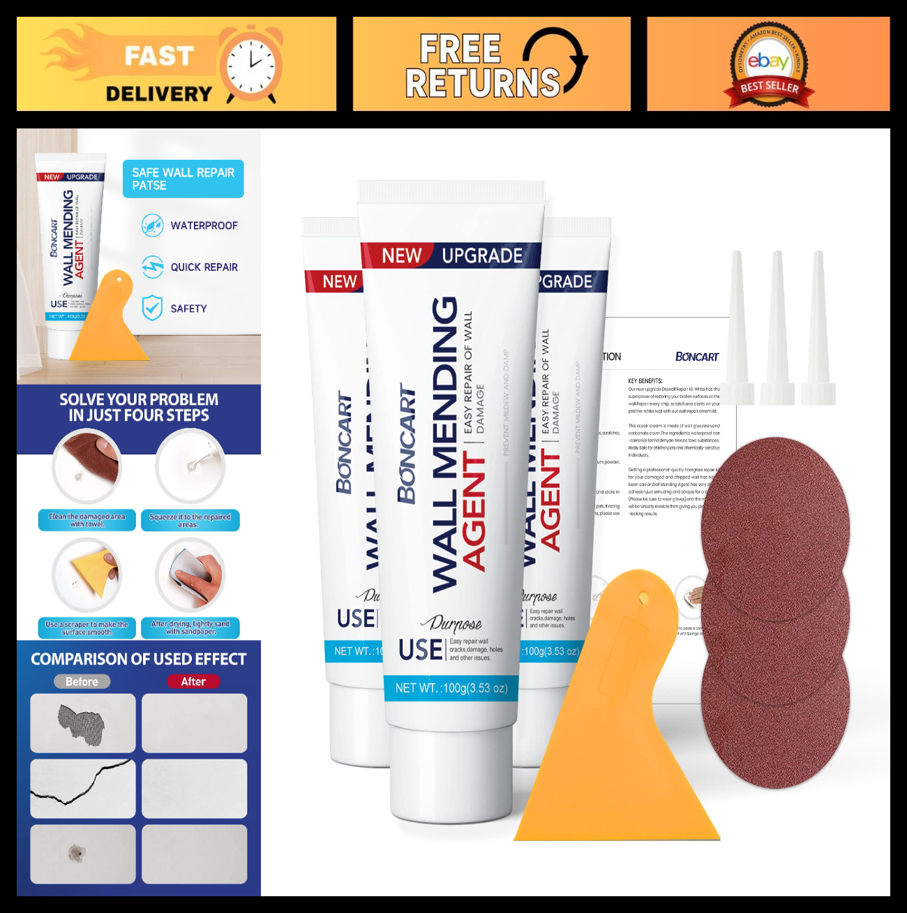 Wall Repair Kit 3 Pack   Spackle Putty with Scraper & Sandpaper for Cracks & Hol0