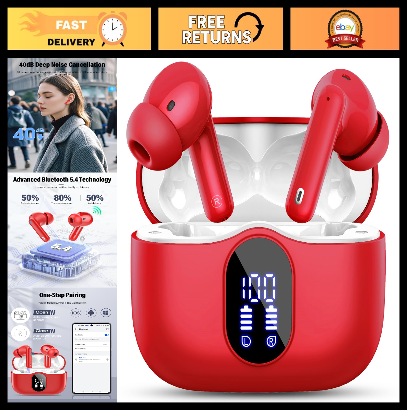 Wireless Bluetooth 5.4 Earbuds, Noise Cancelling, IP7 Waterproof, 36H Playtime,0