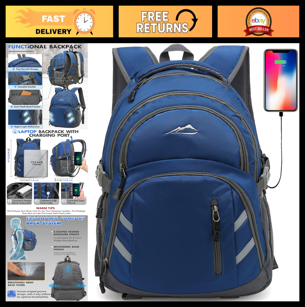 College Laptop Backpack, 15.6" Travel Bookbag with USB Charging Port, Anti Theft0