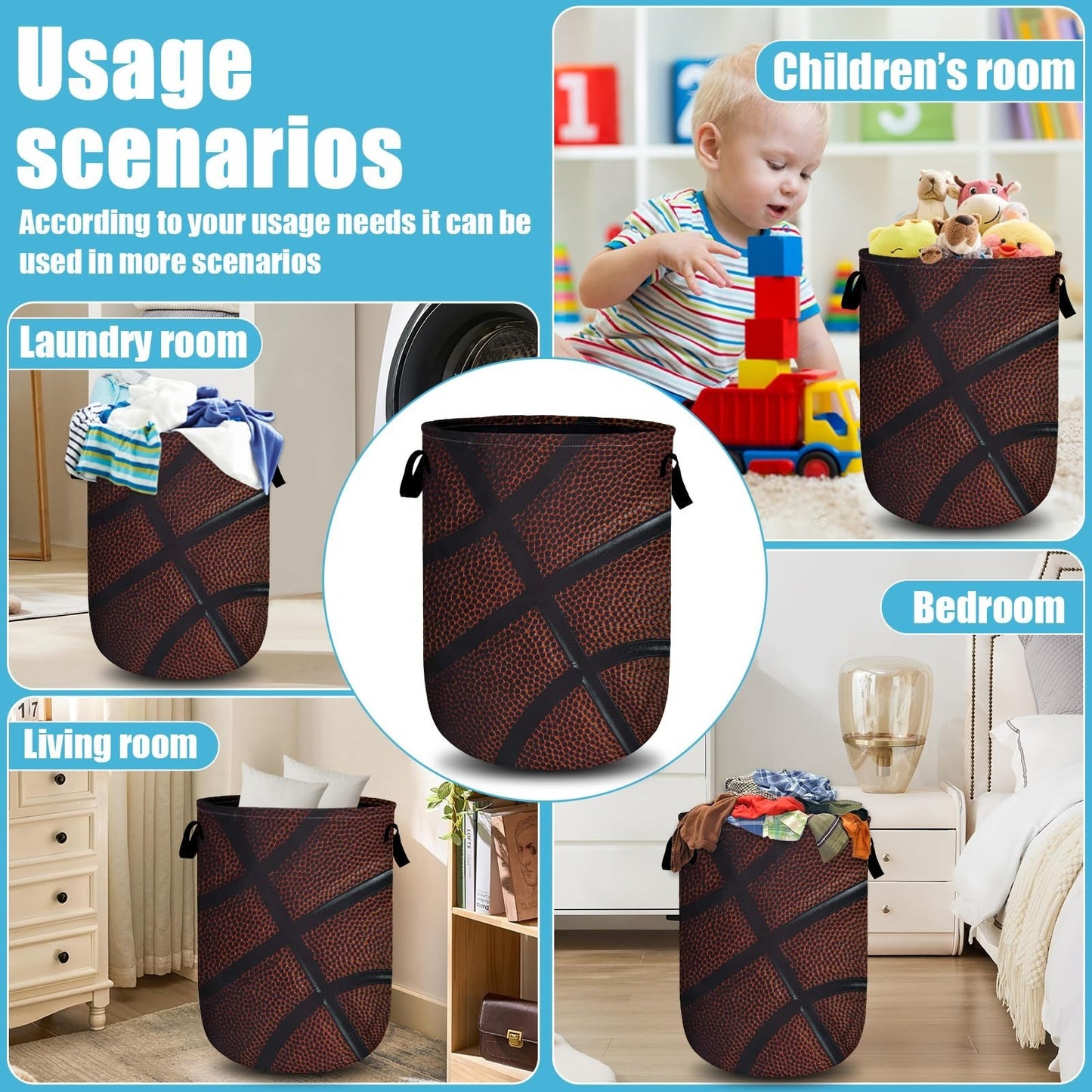 Collapsible Basketball Texture Laundry Hamper, Oxford Cloth Storage Bin 15.7"x205
