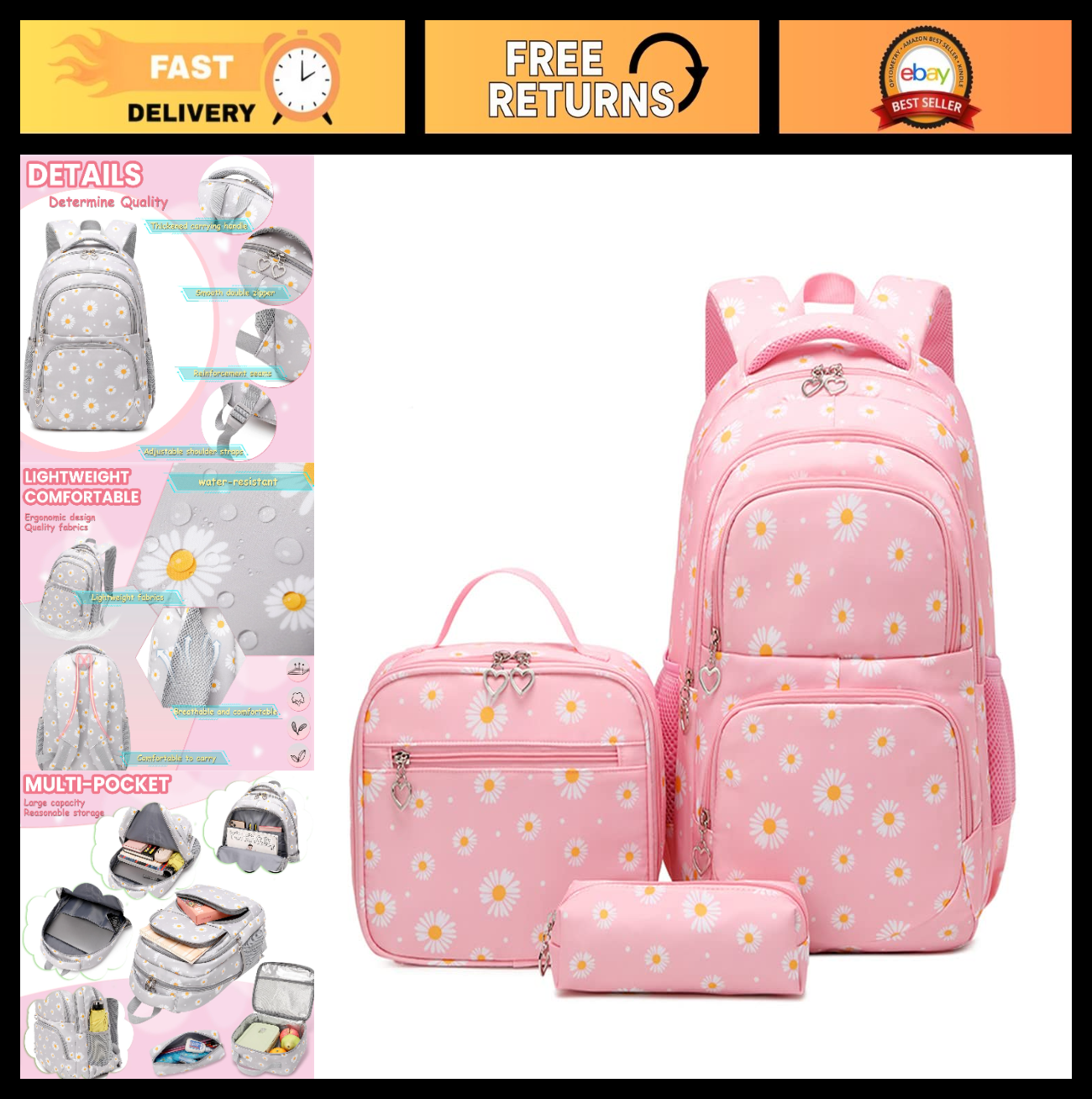 Daisy Print Backpack Set for Girls   3 Pcs Bookbag & Lunch Box   Pink, School Re0