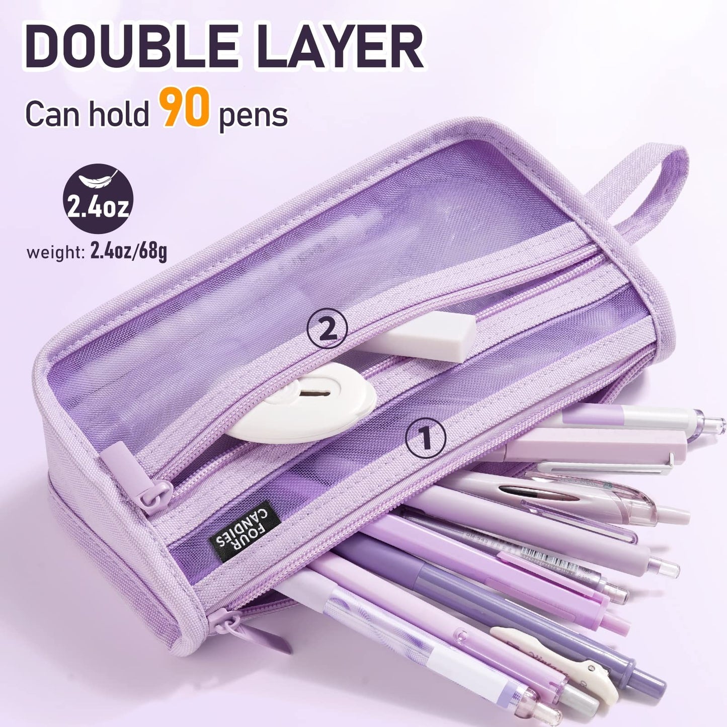 Clear Double Layer Mesh Pencil Case with Handle   Green Grid Design, School Supp3