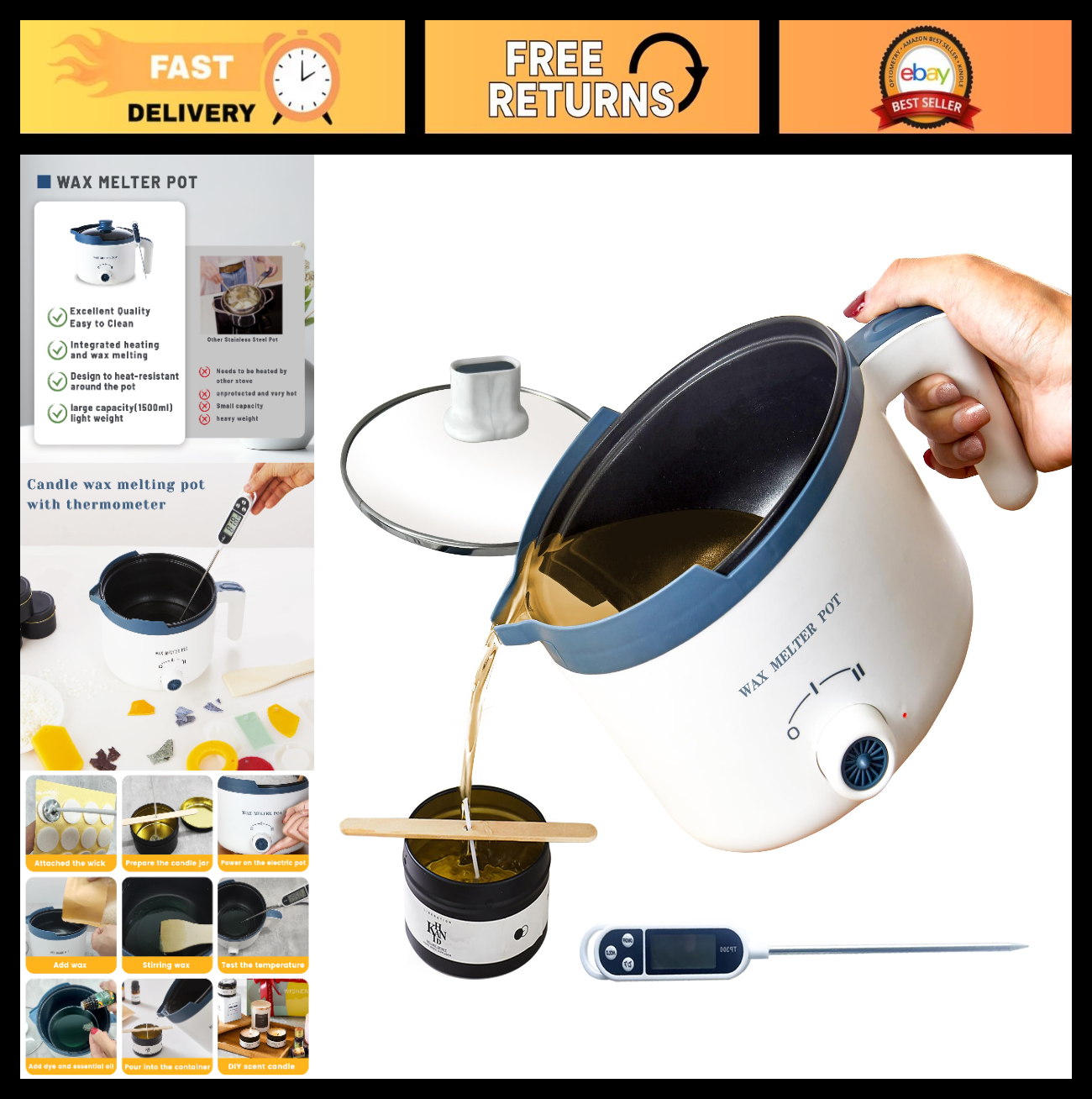 Electric Wax Melting Pot with Thermometer, 1.5Qt Candle Maker, Double Boiler Set0