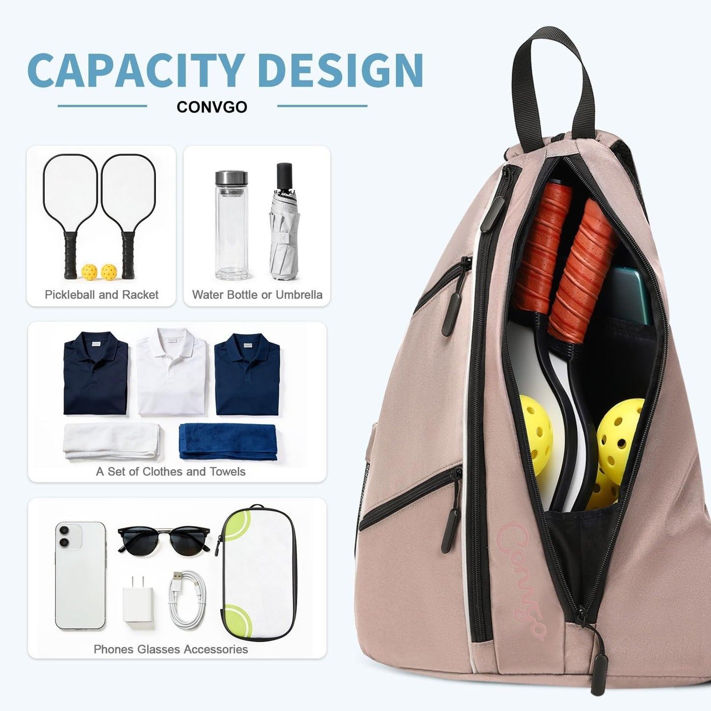 Adjustable Pickleball Backpack & Sling Bag - 2-in-1 Sports Bag for Tennis & Pick3