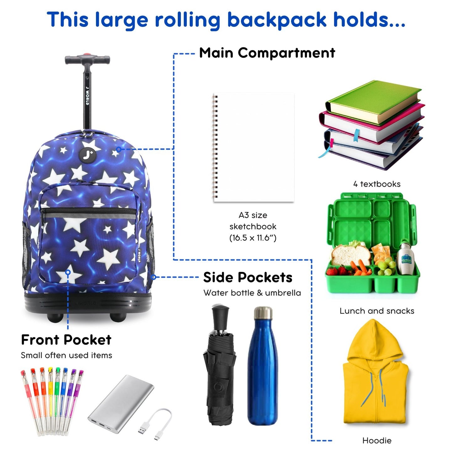 Kids Rolling Backpack with Wheels, 18" Bookbag for School, Puffy Star Design, Un4
