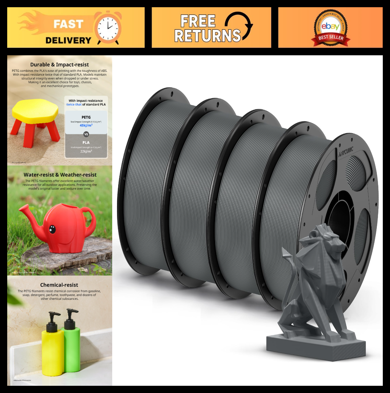 1.75mm PETG 3D Printer Filament Bundle - 1KG Tough, Accurate, Compatible with FD0